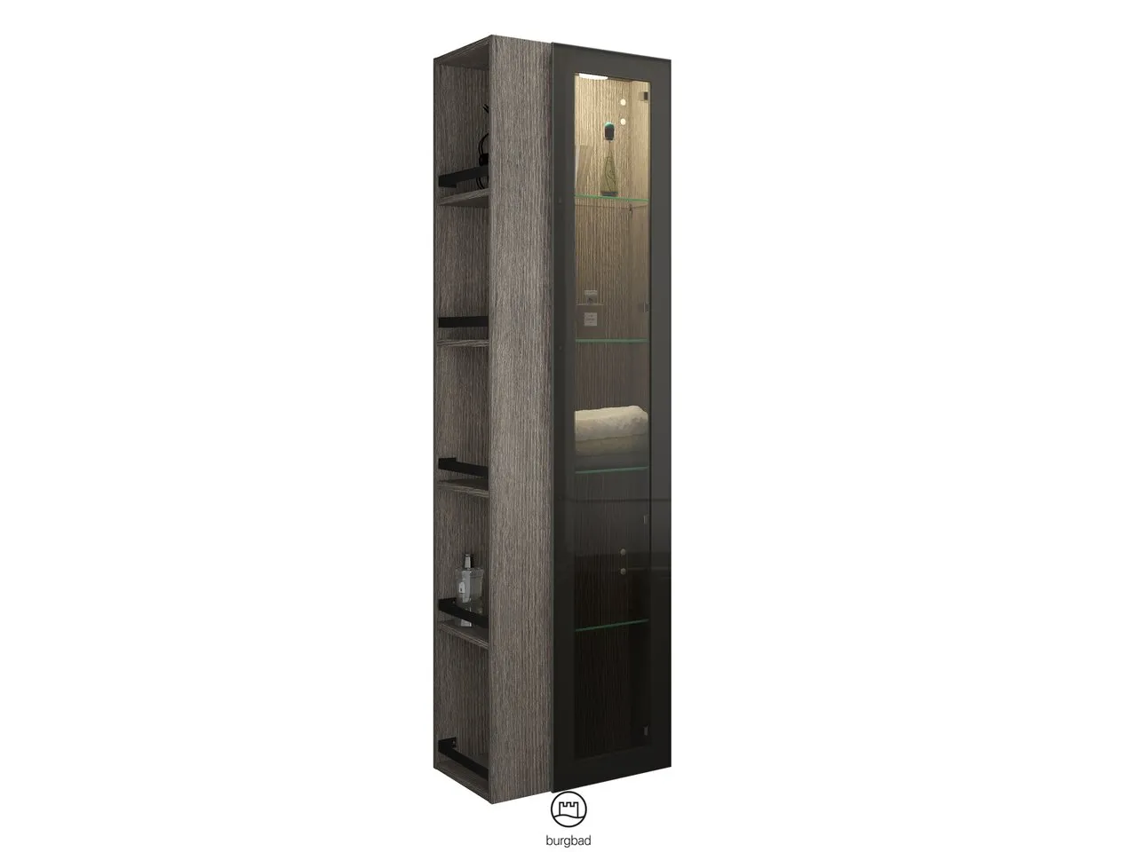 Hochschrank, 1 Alurahmentür mit Rauchglaseinsatz in Bronze;4 Glaseinlegeböden;LED-Innenbeleuchtung, 5 W, 4000 K;Energieeffizienzklasse F;für Raumschaltung;offenes Regal mit 4 Einlegeböden;IP20, Tiefe: 320 mm, Breite: 500 mm, Höhe: 1760 mm