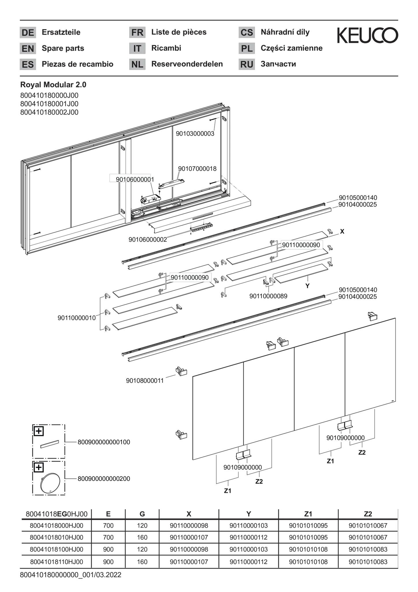 KEUCO Wandeinbau Spiegelschrank 4-türig „Royal Modular 2.0“ in Silber (eloxiert), Unterputz, mit Beleuchtung, mit Steckdosen 1800 × 900 × 120 mm