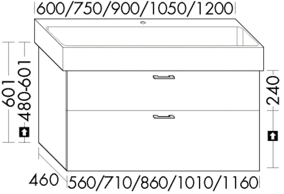 Waschtischunterschrank Sys30 von burgbad – 460 x 560 x 601 mm, 1 Schublade oben, 1 Auszug unten, Tiefe 300/350 mm, für Geberit One 505.021.01.1 / 505.020.01.1