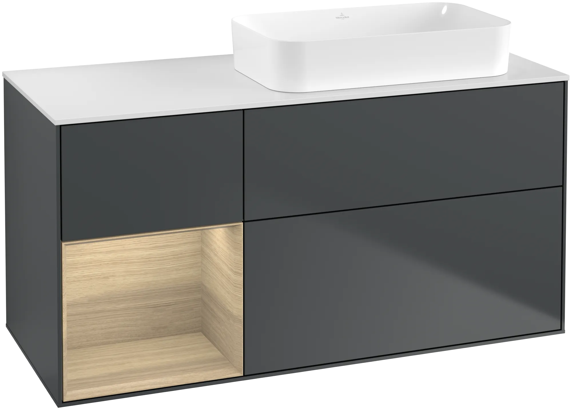 Villeroy & Boch Finion Waschbeckenunterschrank F68, 1200x603x501mm, Midnight Blue Matt Lacquer / Oak Veneer / Glass White Matt