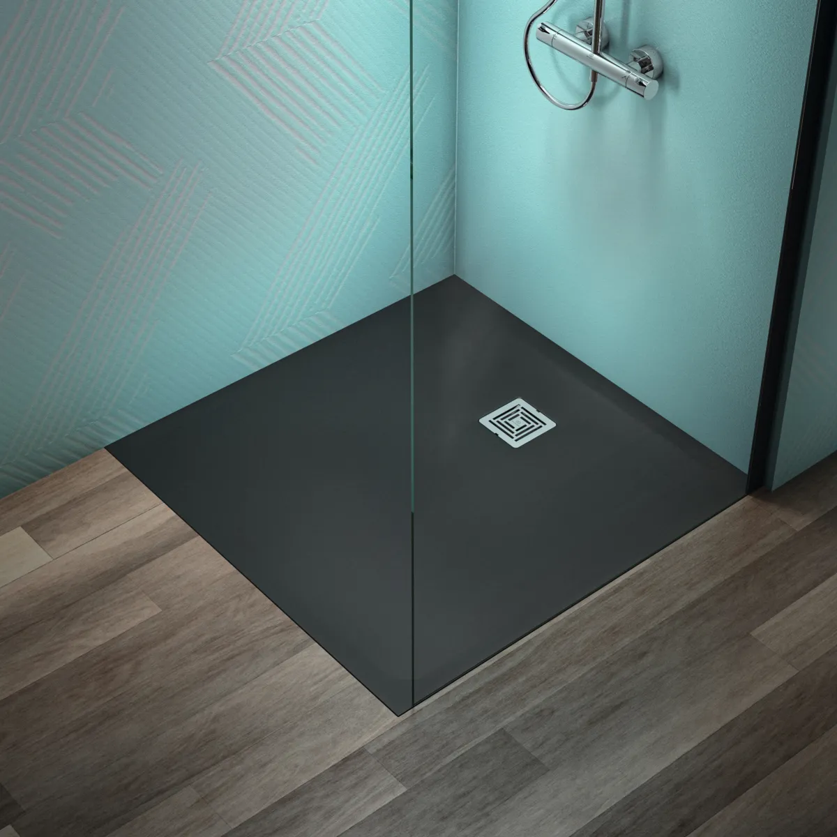 Ideal Standard Quadrat-Brausewanne Ultra Flat S + 1000x1000 mm Schiefer 30 mm Höhe Ablauf 25 cm Mitte/Seite