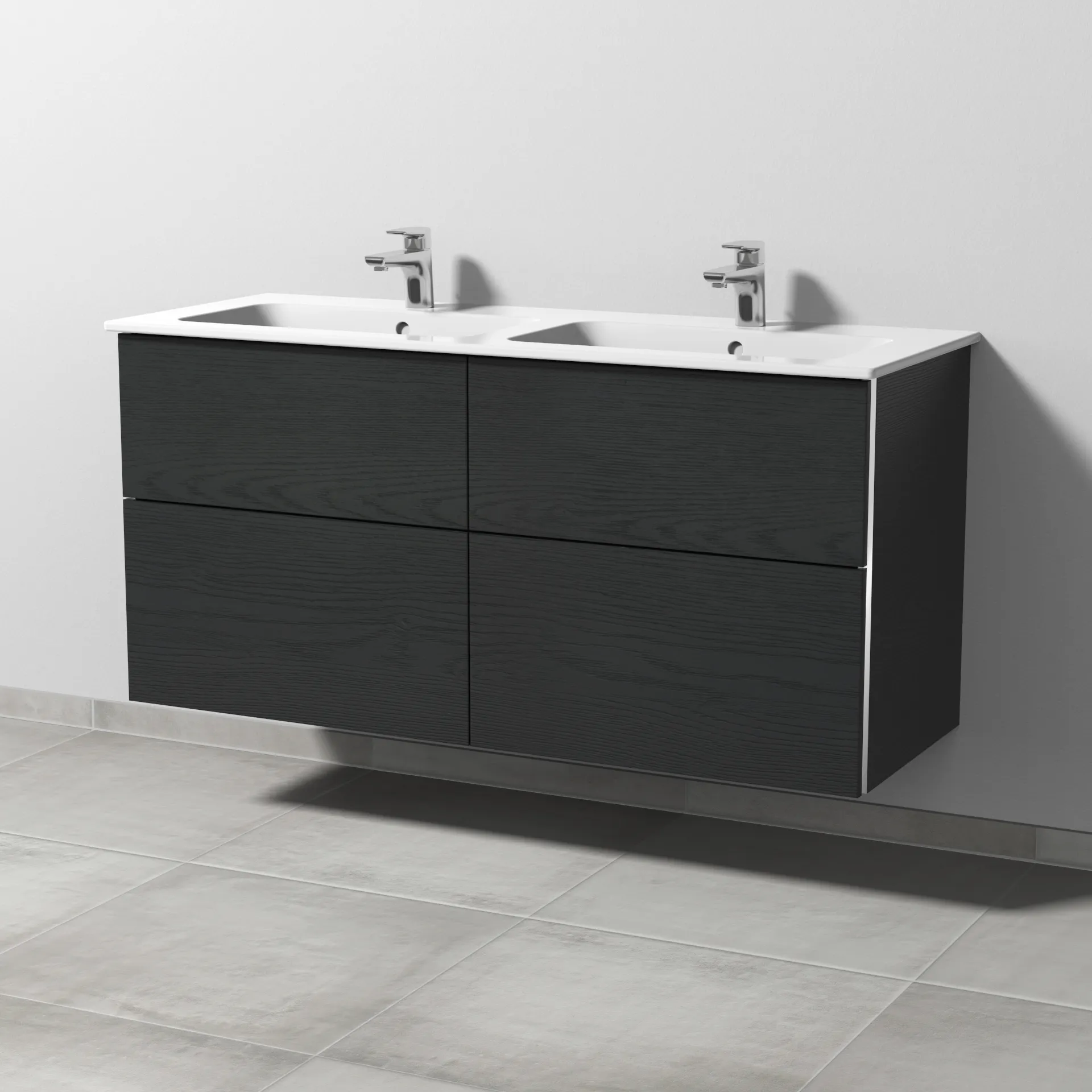 Sanipa Waschtischunterschrank „3way“ passend zu Keramik-Waschtische ME by Starck von Duravit 1270 × 613 × 467 mm in Black Oak, mit Hahnlochbohrung