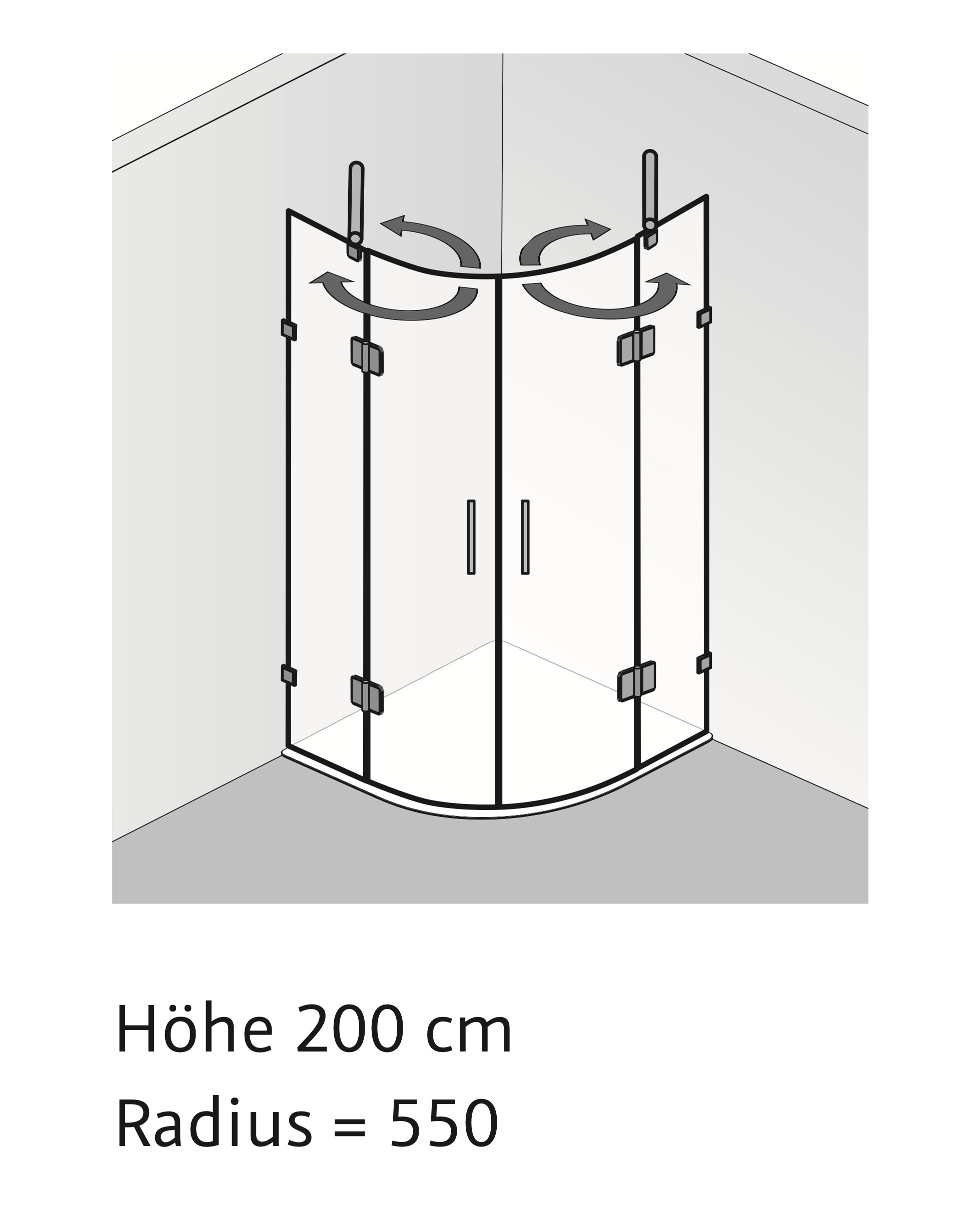 HSK rahmenlos Runddusche pendelbar 4-teilig „Aperto Pur“ Glas Linea 02, Scharniere Schwarz-matt, Sondergröße HSK rahmenlos Runddusche pendelbar 4-teilig „Aperto Pur“ Glas Linea 02, Scharniere Schwarz-matt, Sondergröße