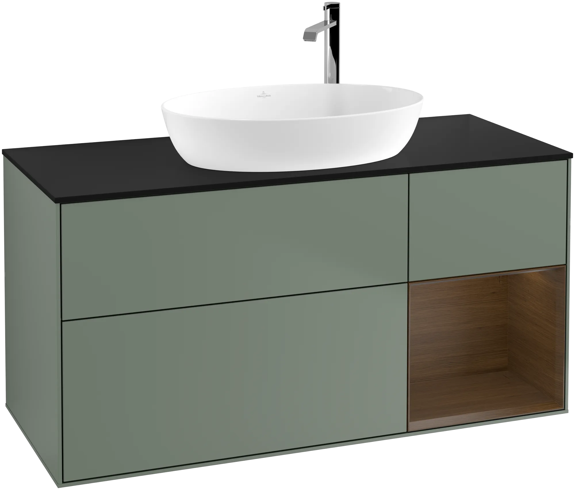 Villeroy & Boch Finion Waschbeckenunterschrank G95, 1200x603x501mm, Olive Matt Lacquer / Walnut Veneer / Glass Black Matt