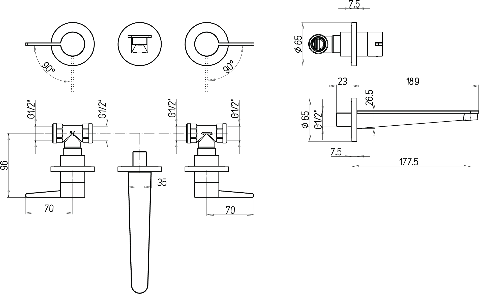 Zweihand-Unterputz-Armatur „Conum“ 18,9 cm Ausladung 205 mm in Matt Black Zweihand-Unterputz-Armatur „Conum“ 18,9 cm Ausladung 205 mm in Matt Black
