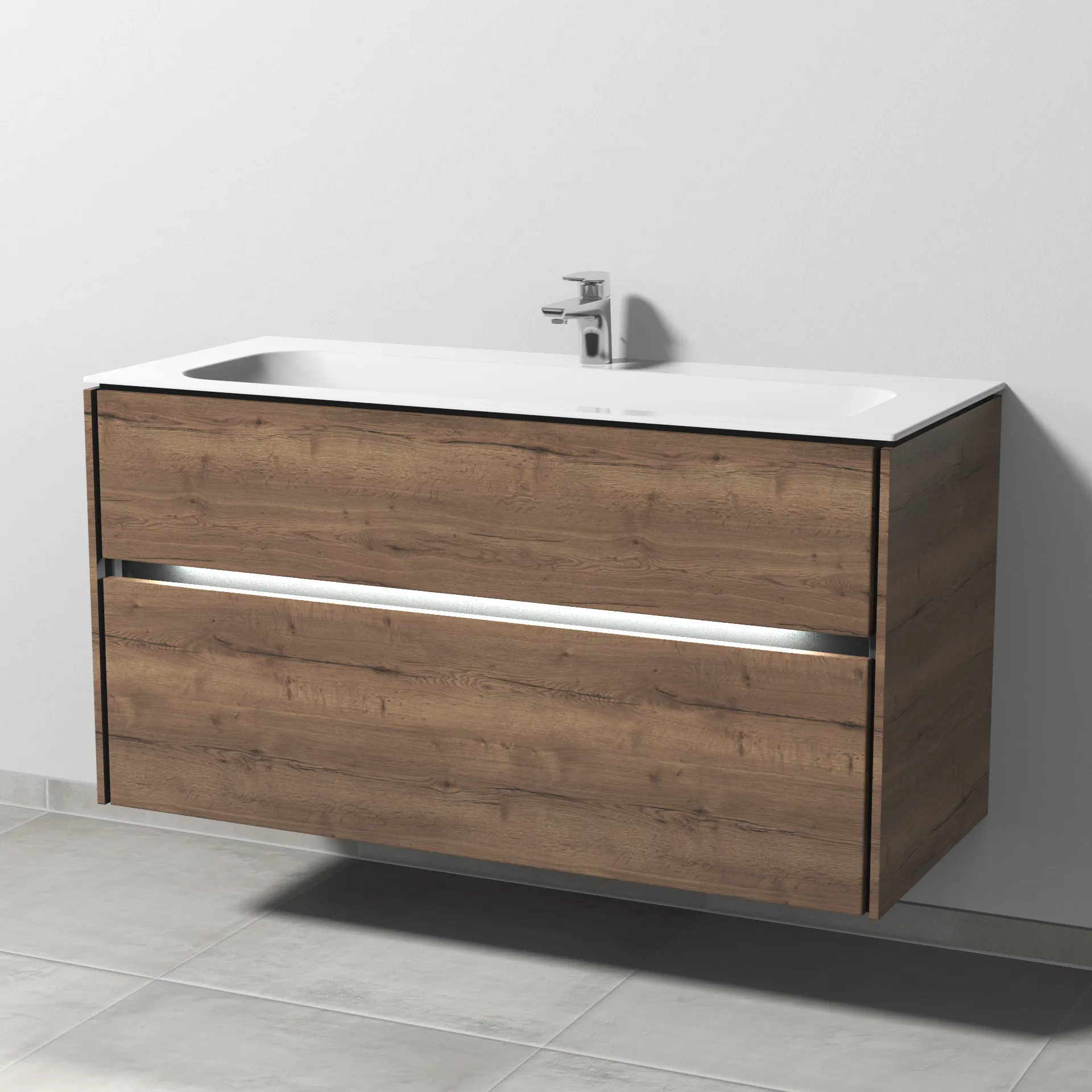 Keramik-Waschtisch-Set mit Waschtischunterschrank „Twiga“ 119 × 50 × 61 cm in Eiche Tabak, mit Hahnlochbohrung, mit Beleuchtung Keramik-Waschtisch-Set mit Waschtischunterschrank „Twiga“ 119 × 50 × 61 cm in Eiche Tabak, mit Hahnlochbohrung, mit Beleuchtung