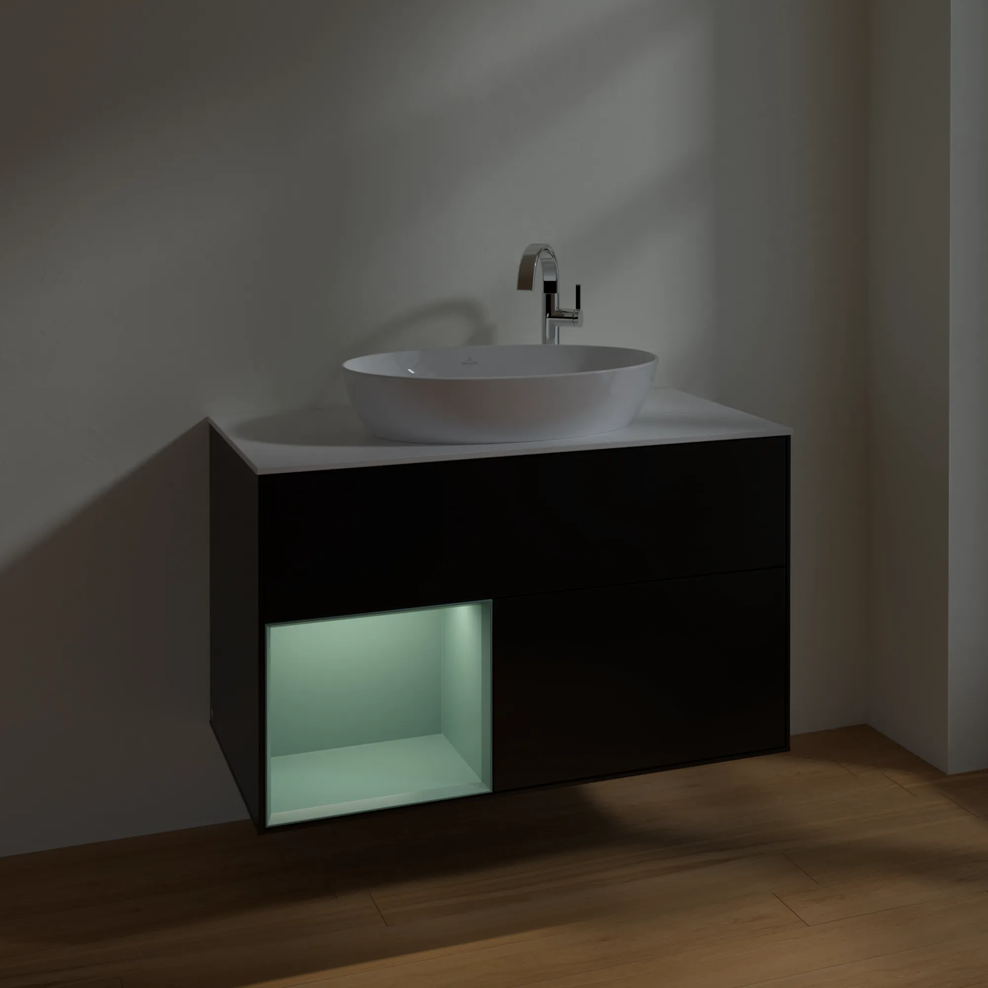 Villeroy & Boch Waschbeckenunterschrank Finion F89, 1000x603x501 mm, Black Matt Lacquer mit Olive Regal, Beleuchtung dimmbar, Push-to-open, SoftClosing Villeroy & Boch Waschbeckenunterschrank Finion F89, 1000x603x501 mm, Black Matt Lacquer mit Olive Regal, Beleuchtung dimmbar, Push-to-open, SoftClosing
