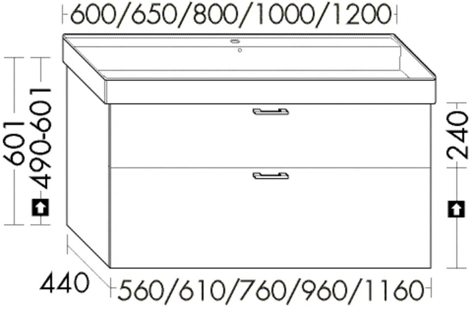 Waschtischunterschrank Sys30 von burgbad - 440x560x601 mm, 1 Schublade oben, 1 Auszug unten, PG1