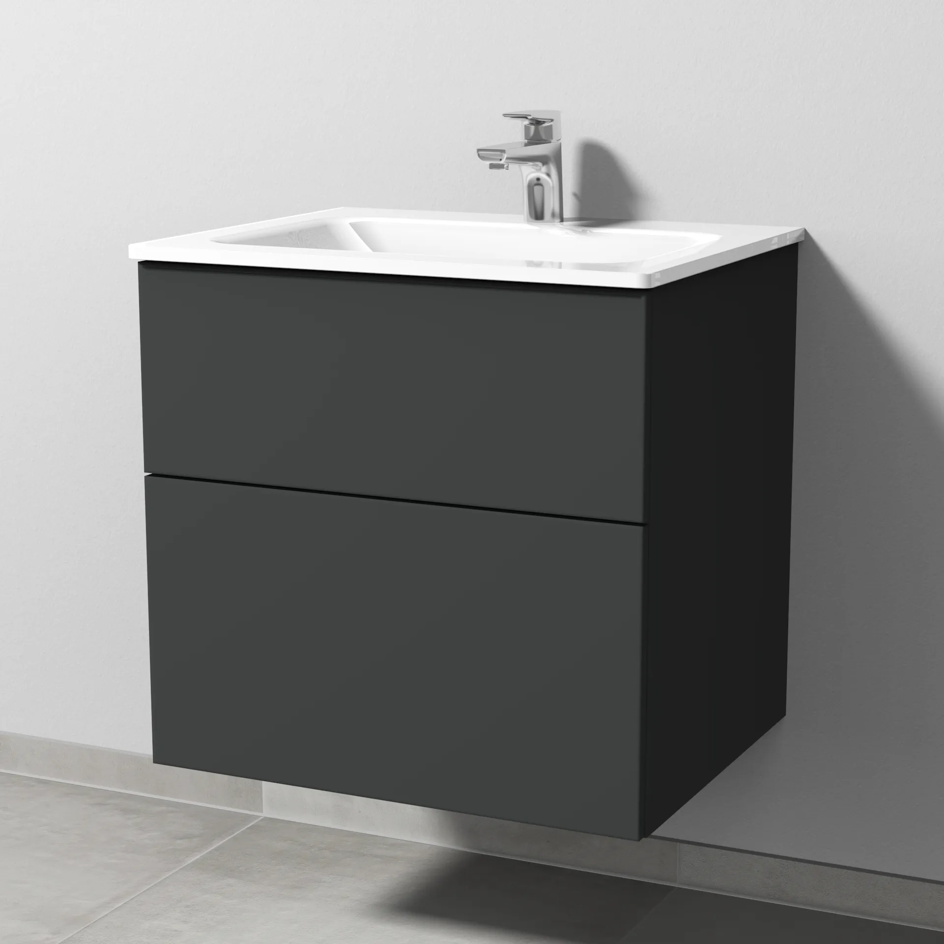 Glas-Waschtisch-Set mit Waschtischunterschrank „3way“ 60 × 48,7 × 58,2 cm in Graphit (matt), mit Hahnlochbohrung