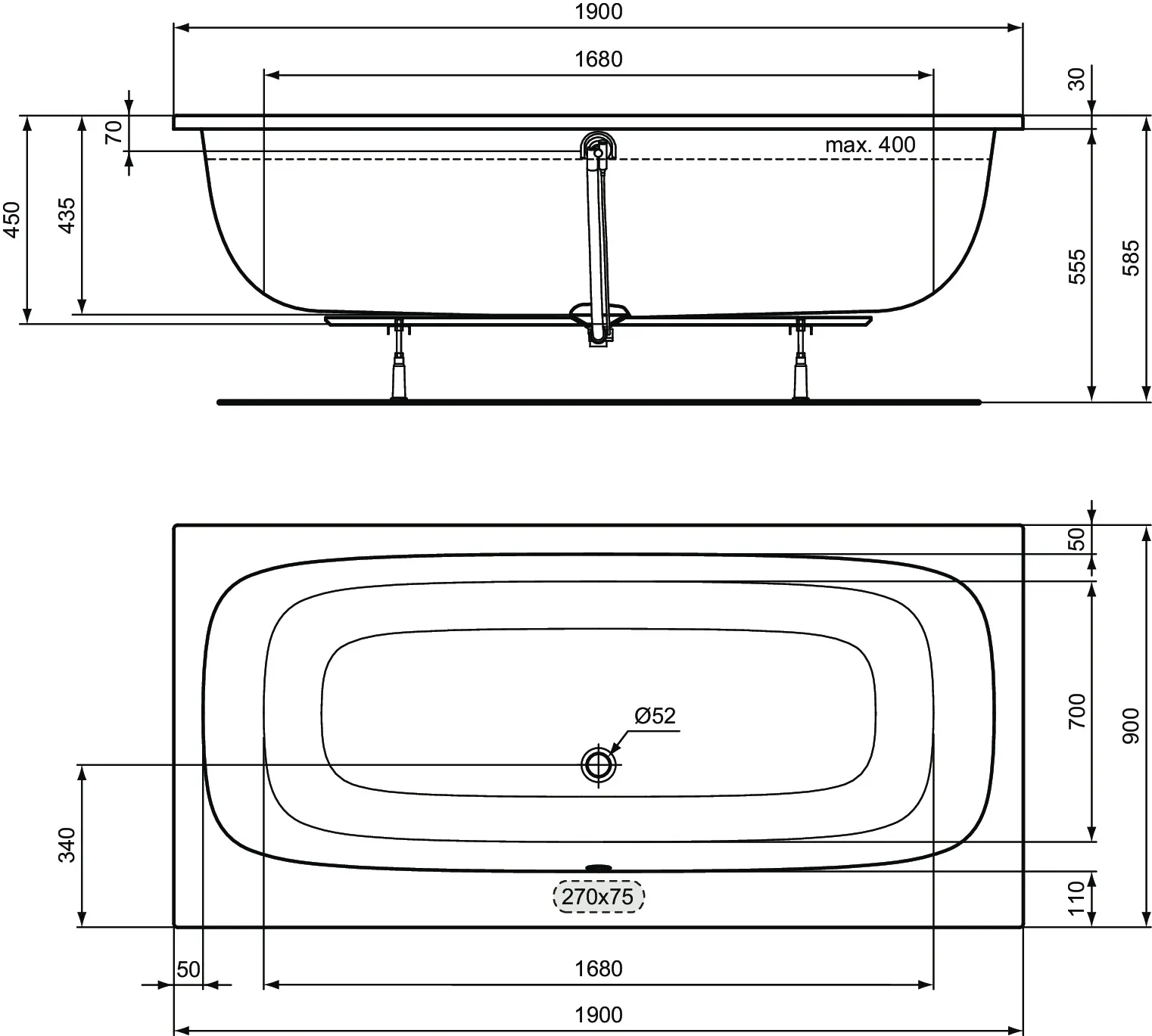 Ideal Standard Badewanne „i.life“ 90 × 190 cm