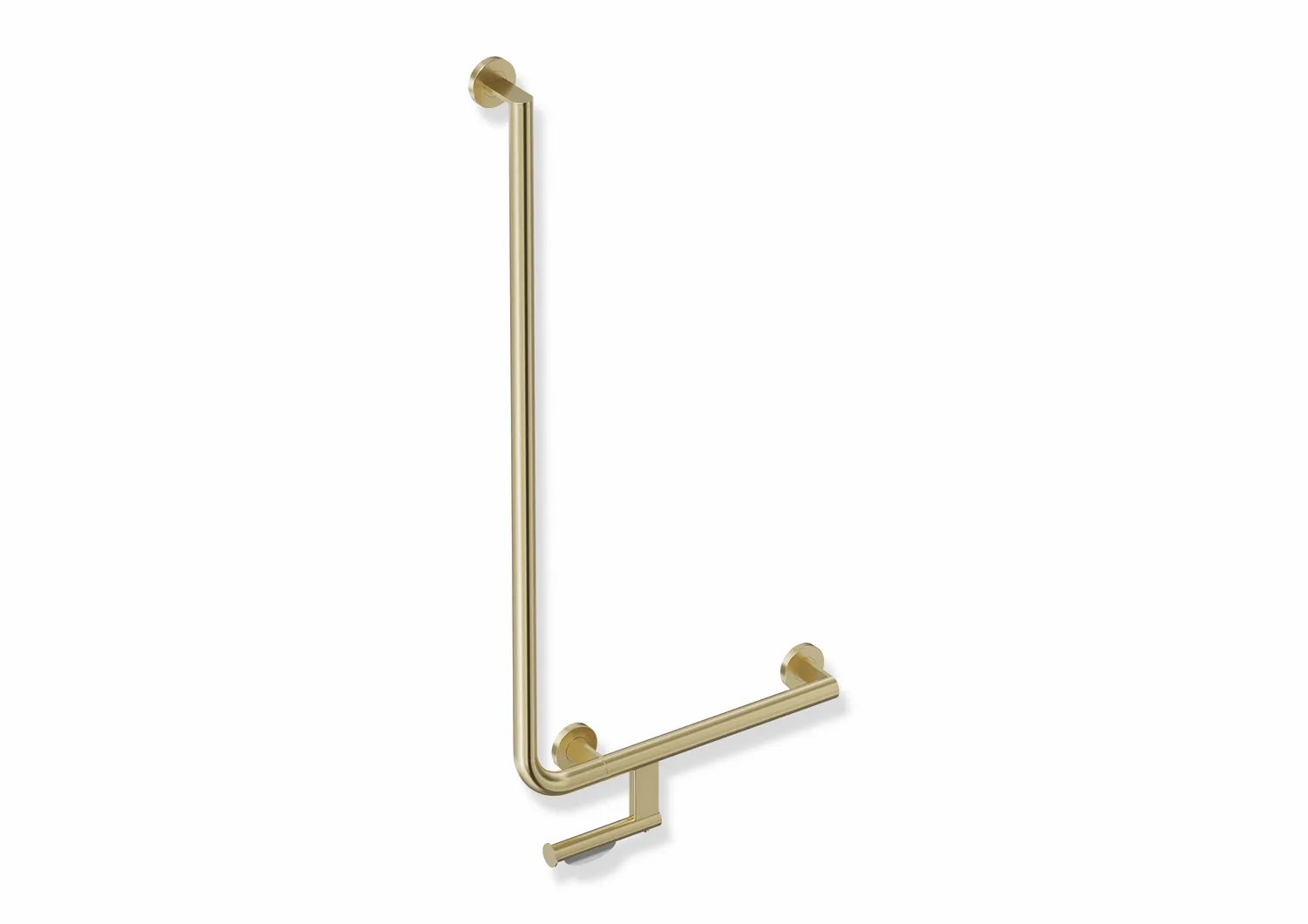 Winkelgriff mit Papierrollenhalter des Systems 900, Edelstahl, PVD, waagerechte Länge 500 mm, senkrechte Länge 1000 mm, D: 32 mm, Ausführung rechts, in Farbe CK (messing glänzend) Winkelgriff mit Papierrollenhalter des Systems 900, Edelstahl, PVD, waagerechte Länge 500 mm, senkrechte Länge 1000 mm, D: 32 mm, Ausführung rechts, in Farbe CK (messing glänzend)