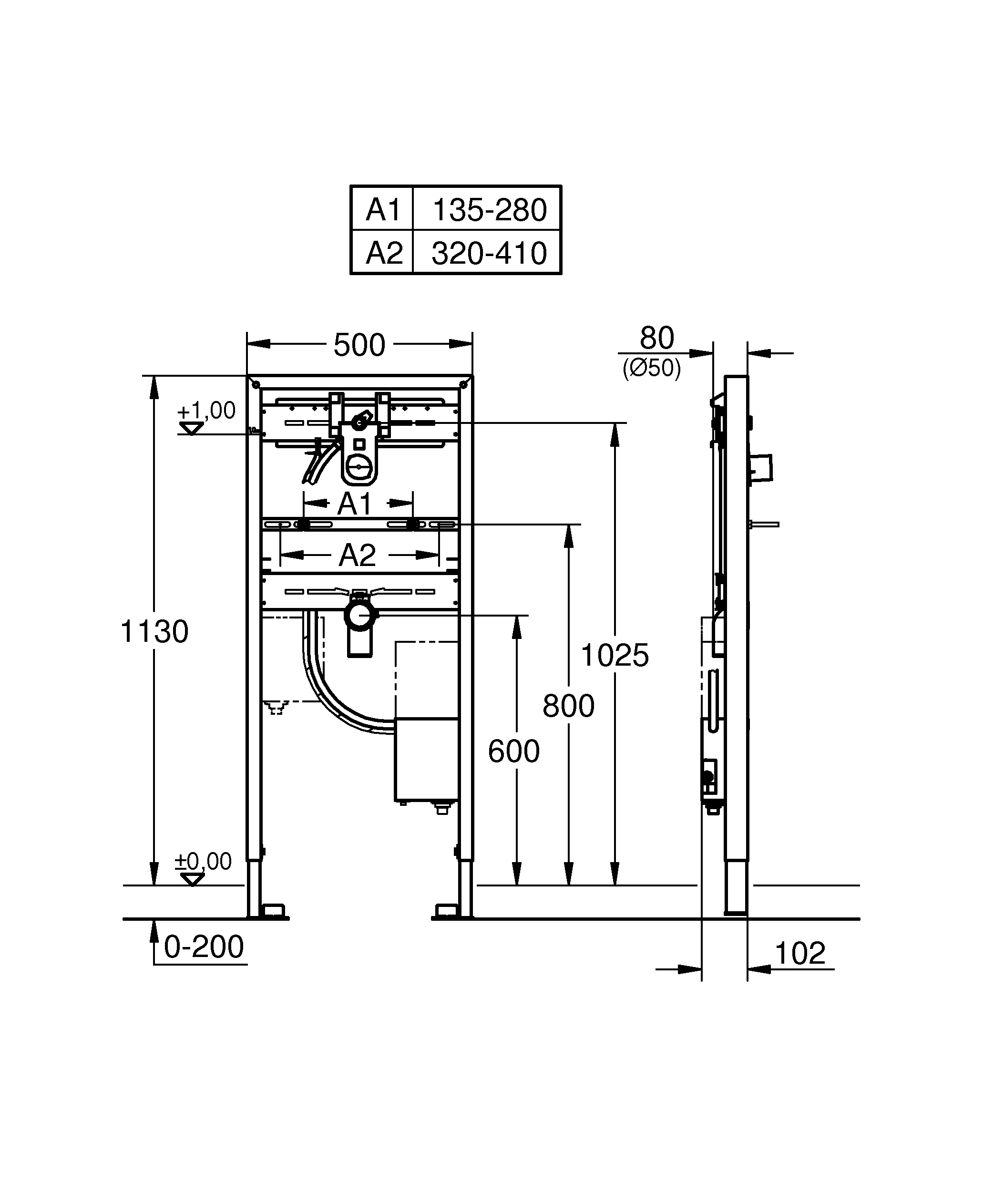 Waschtisch-Element Rapid SL 38748_2, 1,13 m Bauhöhe, für Vorwand- oder Ständerwandmontage, mit Rohbauset für Infrarot-Elektronik Essence E 36 447 000 und Eurocube E 36 442 000