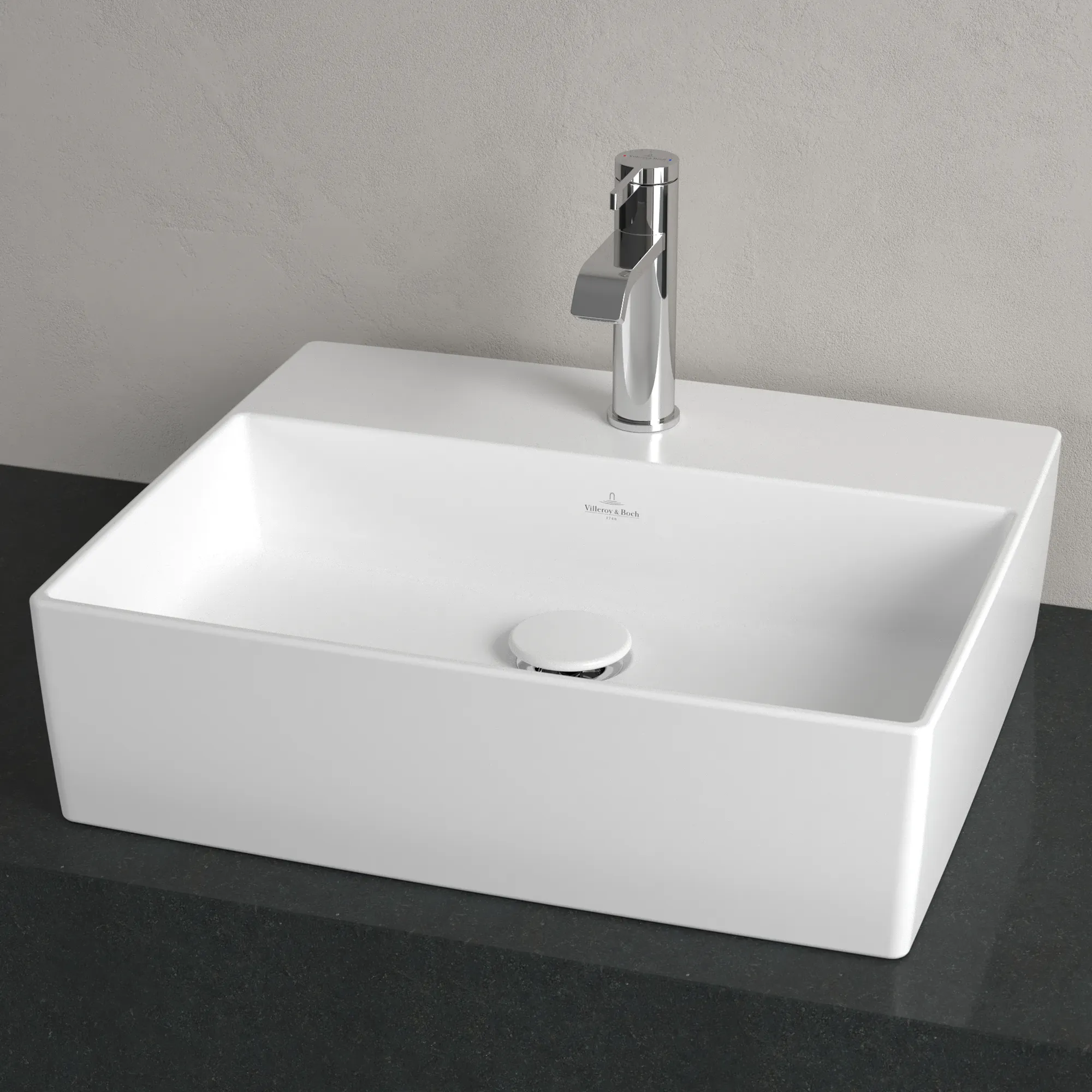 Villeroy & Boch Aufsatzwaschtisch aus TitanCeram „Memento 2.0“ 498 × 420 × 139 mm, mit Hahnlochbohrung, Hahnlochposition mittig in Stone White