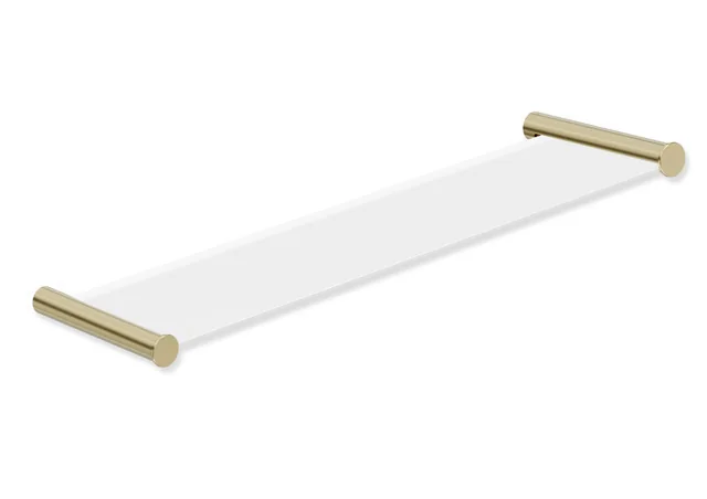 Ablage des Systems 162, Edelstahl, PVD, bestehend aus seitlichen Halteelementen und Ablagefläche aus Glas, 450 mm breit, 122 mm tief, in Farbe CK (Messing glänzend)