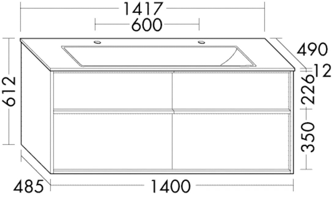 Keramik-Waschtisch Sys K2 inkl. Waschtischunterschrank Uomo, 490x1417x382 mm, 2 Armaturbohrungen, 2 Schubladen oben, 2 Auszüge unten Keramik-Waschtisch Sys K2 inkl. Waschtischunterschrank Uomo, 490x1417x382 mm, 2 Armaturbohrungen, 2 Schubladen oben, 2 Auszüge unten