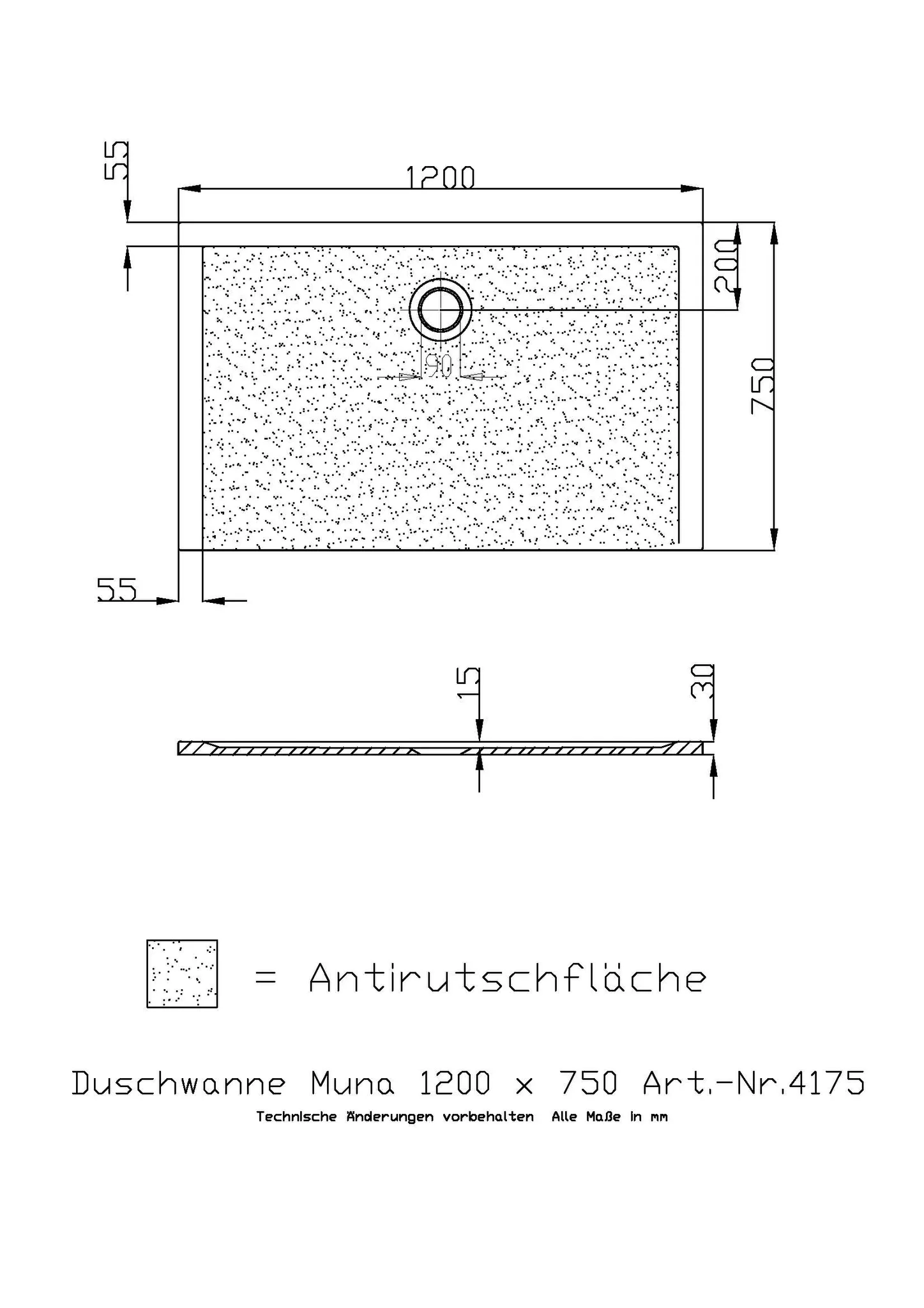 Duschwanne „Muna“ Rechteck 120 × 75 cm in Schiefergrau