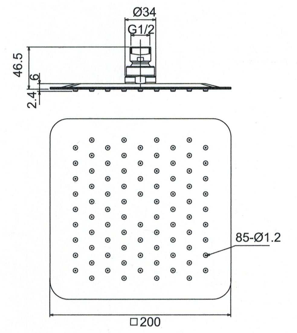 Kopfbrause AqvaGreen - quadratisch - 200 × 200 mm - sichtbare Höhe 2,4 mm - "easy-clean" - 1/2″ IG - Kugelgelenk, 45° schwenkbar - 9,3 L/min bei 3 bar - Edelstahl, hochglanzpoliert