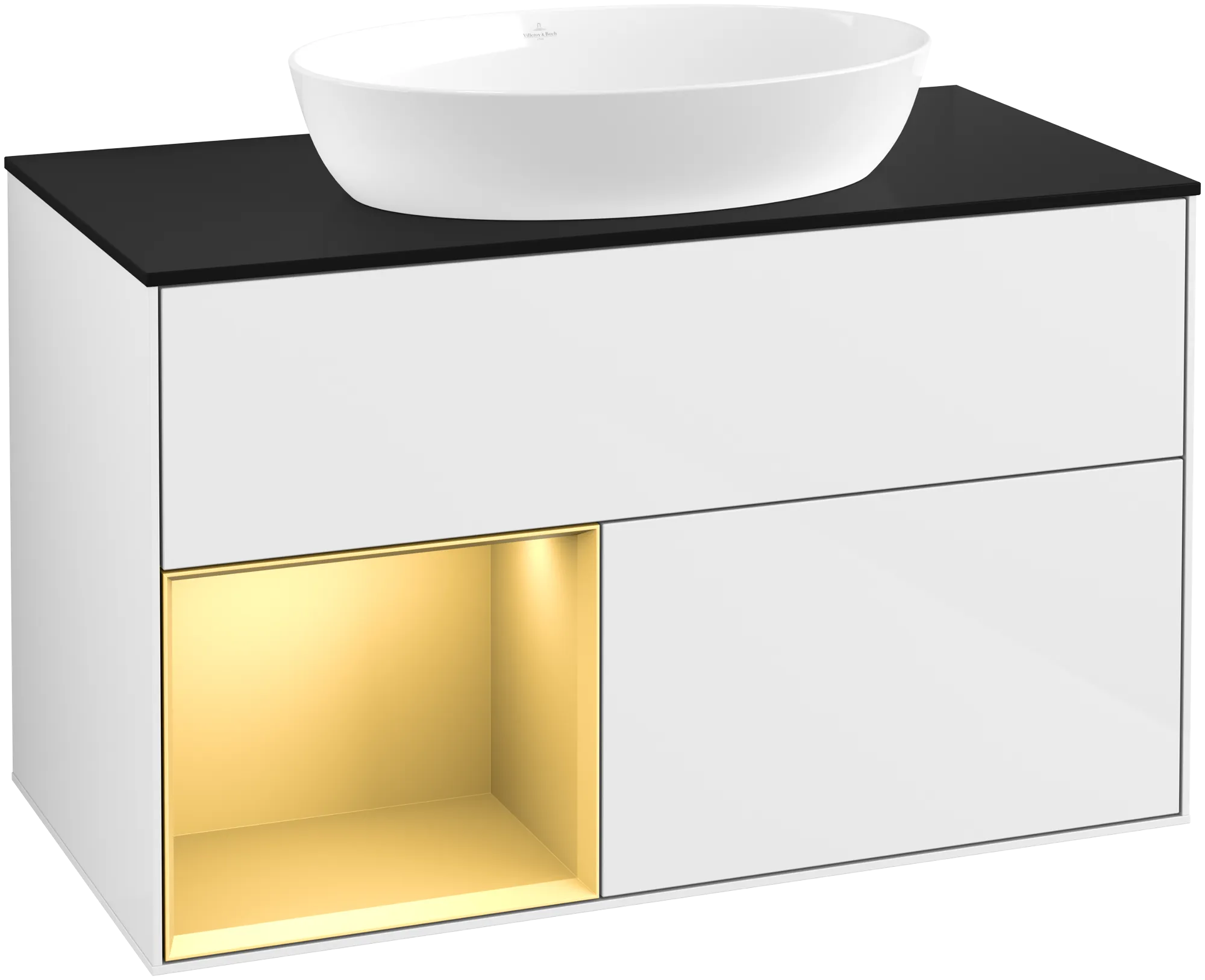 Villeroy & Boch Finion Waschbeckenunterschrank FA1, 1000 x 603 x 501 mm, Glossy White Lacquer / Gold Matt Lacquer / Glass Black Matt