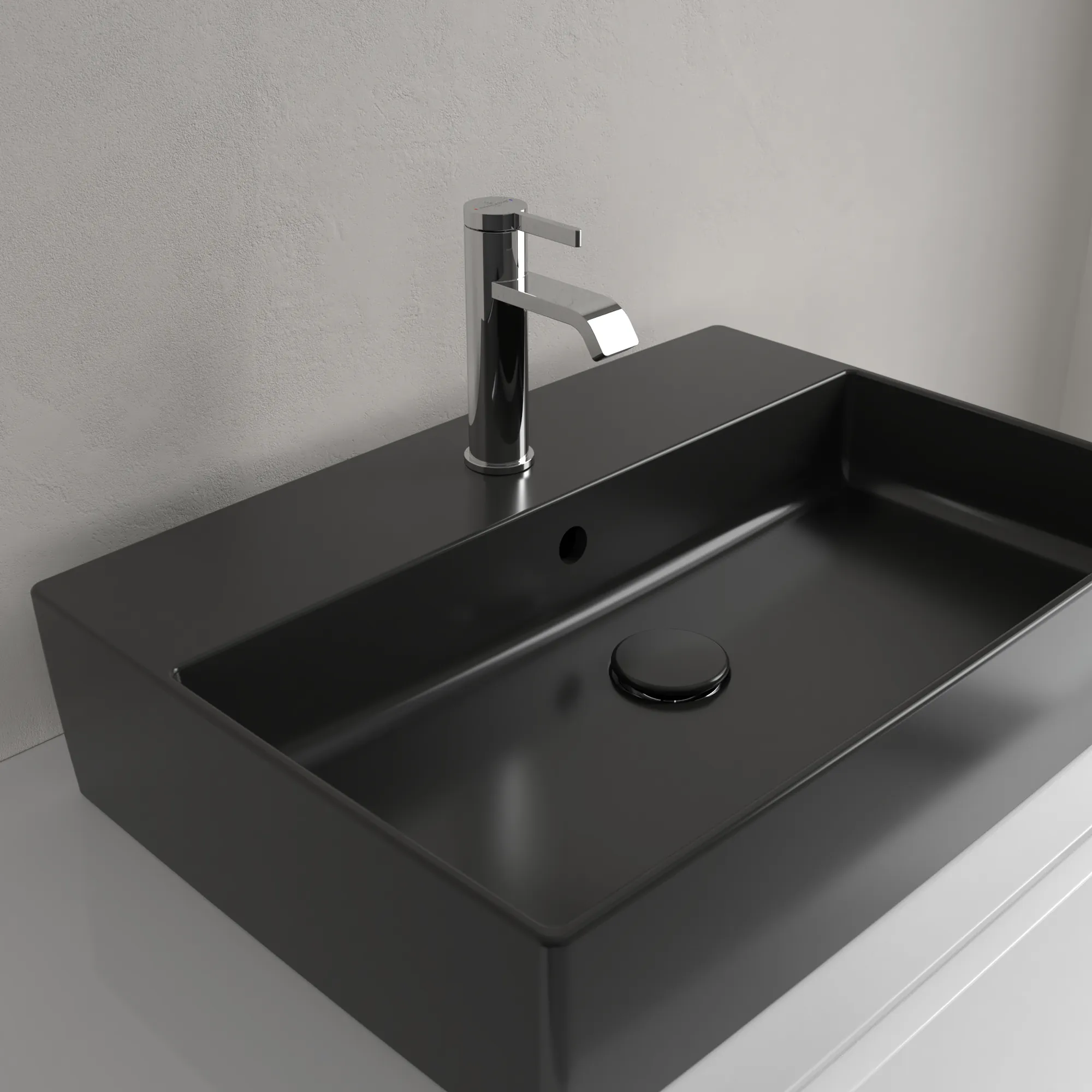 Villeroy & Boch Aufsatzwaschtisch aus TitanCeram „Memento 2.0“ 600 × 420 × 140 mm, mit Hahnlochbohrung, Hahnlochposition mittig in Pure Black Villeroy & Boch Aufsatzwaschtisch aus TitanCeram „Memento 2.0“ 600 × 420 × 140 mm, mit Hahnlochbohrung, Hahnlochposition mittig in Pure Black