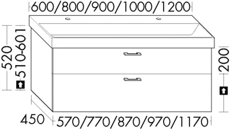 Waschtischunterschrank Sys30 von burgbad – 450 mm tief, 870 mm breit, 520 mm hoch, mit 1 Schublade oben und 1 Auszug unten