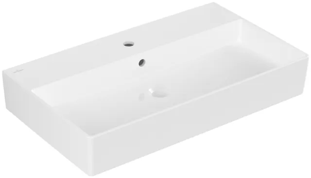 Wandwaschtisch aus TitanCeram geschliffen „Memento 2.0“ 80 × 47 × 14 × 14 cm, mit Hahnlochbohrung, Hahnlochposition mittig in Weiß Alpin