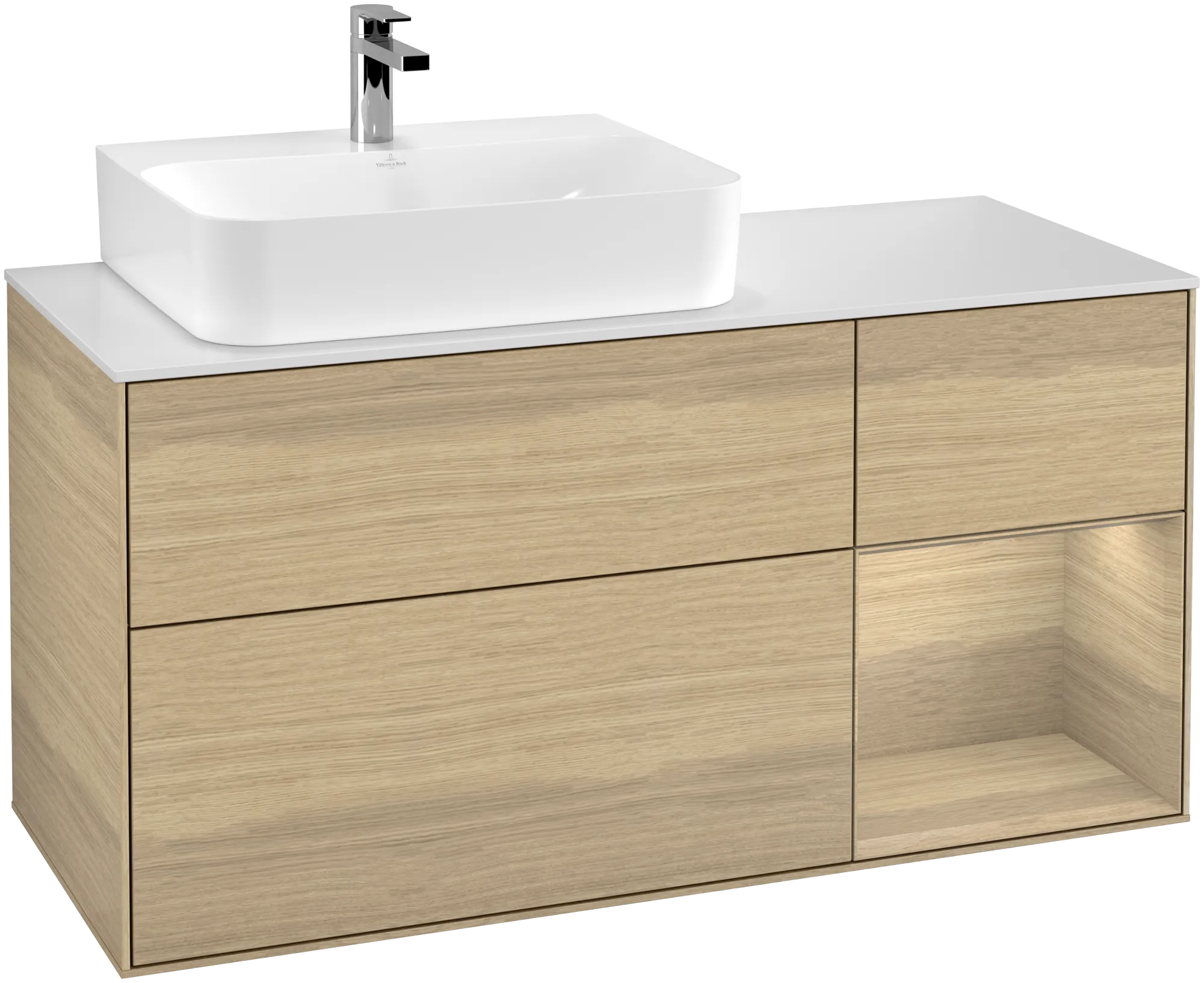 Villeroy & Boch Finion Waschbeckenunterschrank G15, 1200x603x501mm, mit Beleuchtung, 3 Auszüge, links