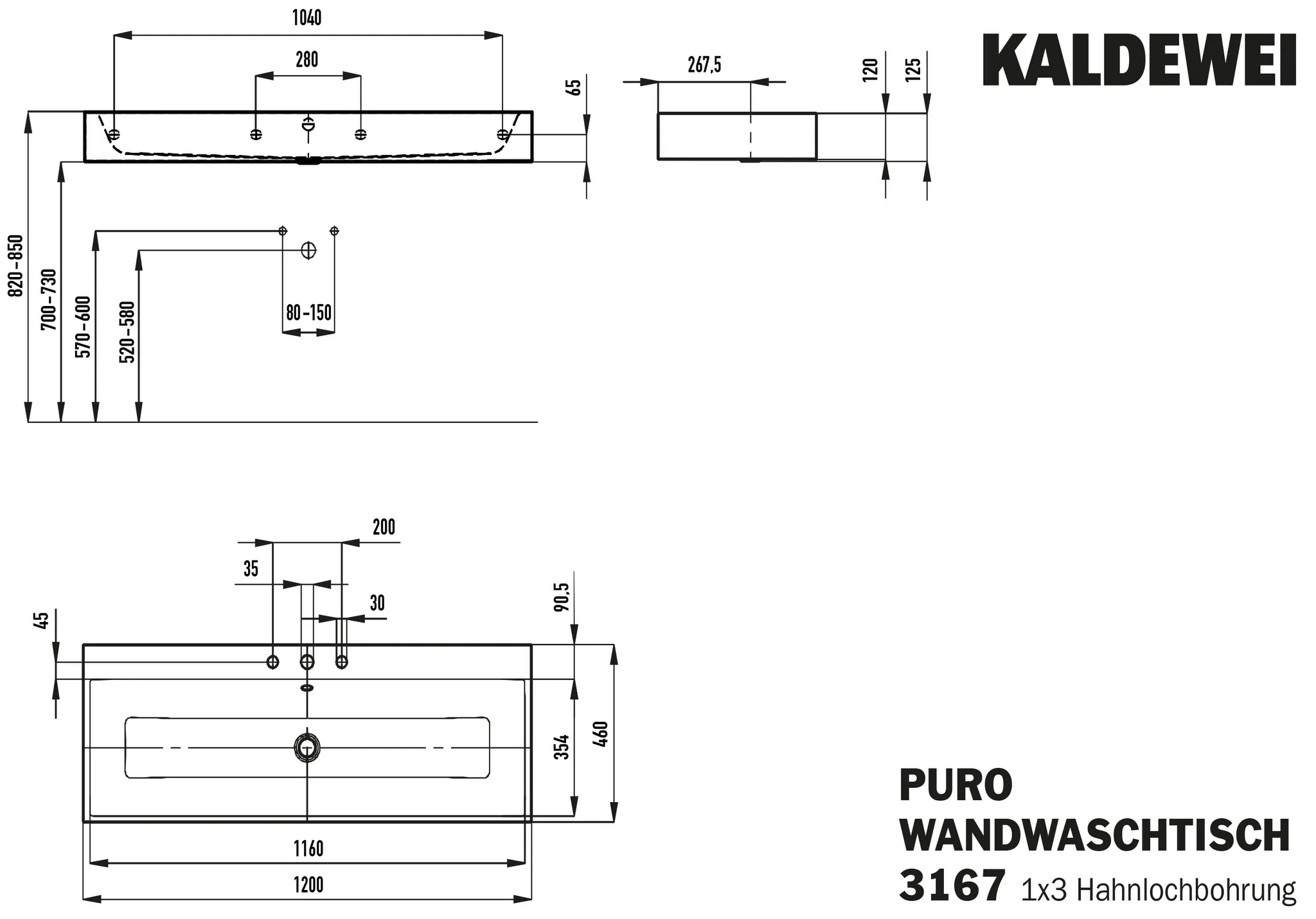 KALDEWEI PURO WANDWASCHTISCH, Modell-Nr: 3167, 1200x460mm, Manhattan, Perl-Effekt, Antidröhn mit 3-er Hahnlochbohrung, Überlauf, Sichtteile schwarz matt 100 KALDEWEI PURO WANDWASCHTISCH, Modell-Nr: 3167, 1200x460mm, Manhattan, Perl-Effekt, Antidröhn mit 3-er Hahnlochbohrung, Überlauf, Sichtteile schwarz matt 100