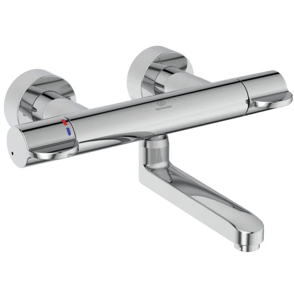 Ideal Standard Ceraplus Safe Wand-Waschtischthermostat, Chrom, Ausladung 257 mm, thermische Desinfektion, absperrbare S-Anschlüsse