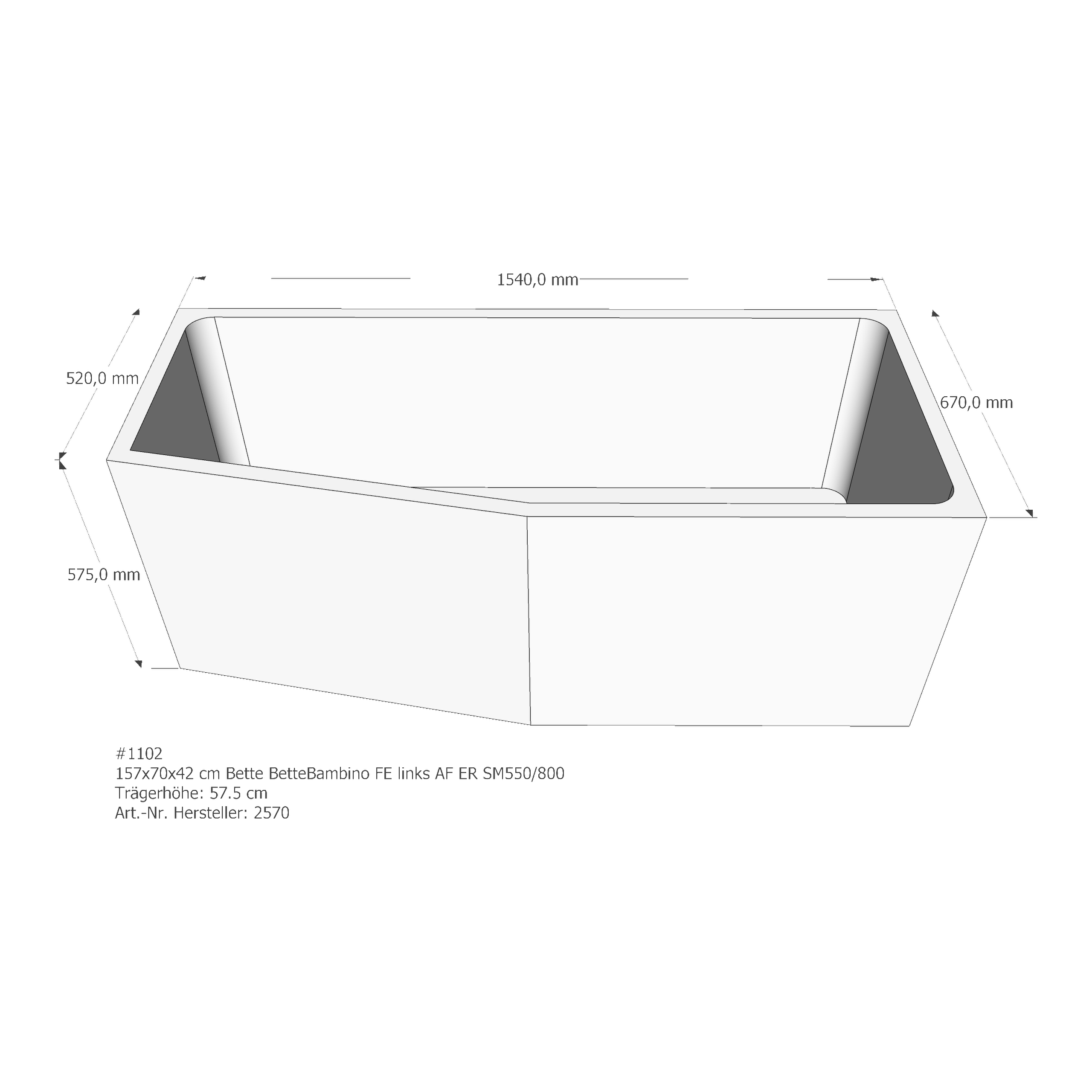 Badewannenträger für Bette BetteBambino links 157 × 70 × 42 cm