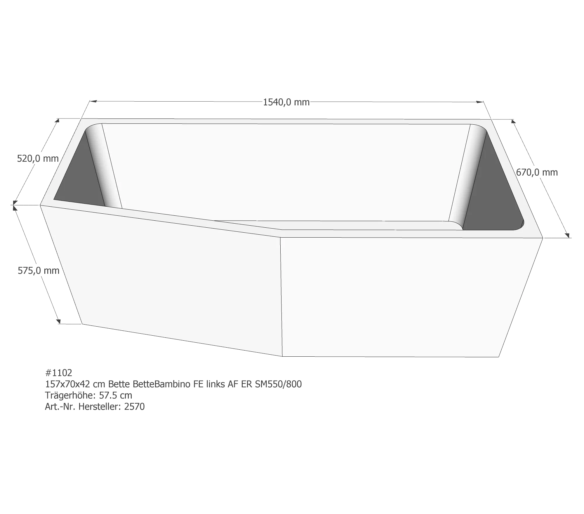 Badewannenträger für Bette Bambino links links 157 × 70 × 42 cm Badewannenträger für Bette Bambino links links 157 × 70 × 42 cm