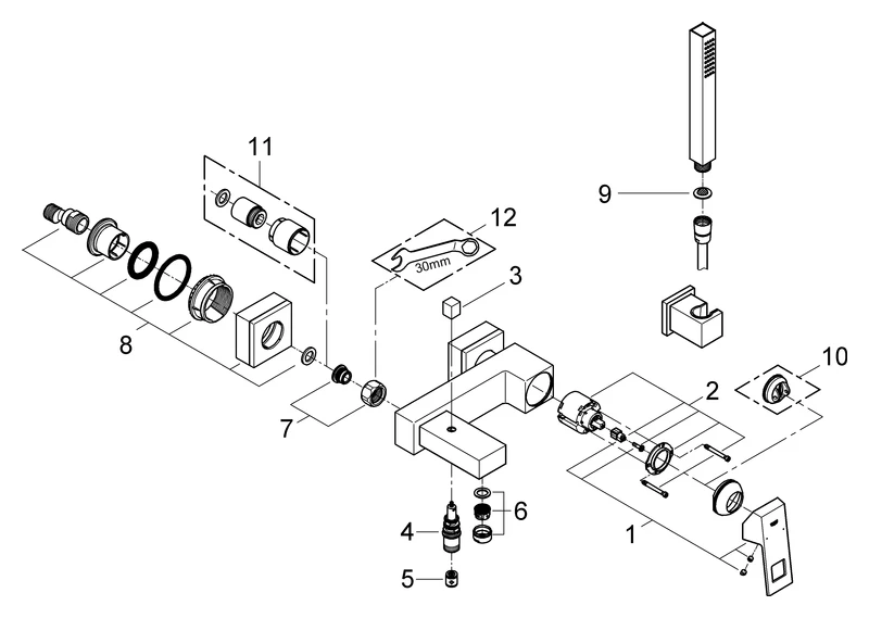 Einhand-Wannenbatterie Eurocube 23141, Wandmontage, mit Handbrauseset, eigensicher, chrom