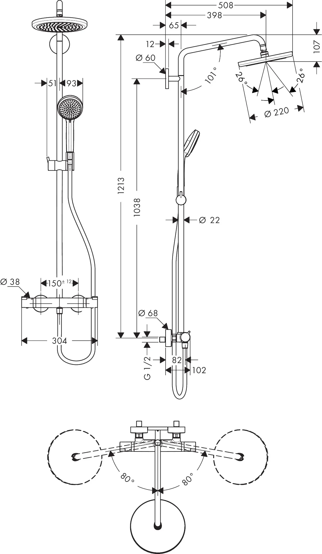 Showerpipe Croma 220 für Dusche chrom mit Thermostat Showerpipe Croma 220 für Dusche chrom mit Thermostat
