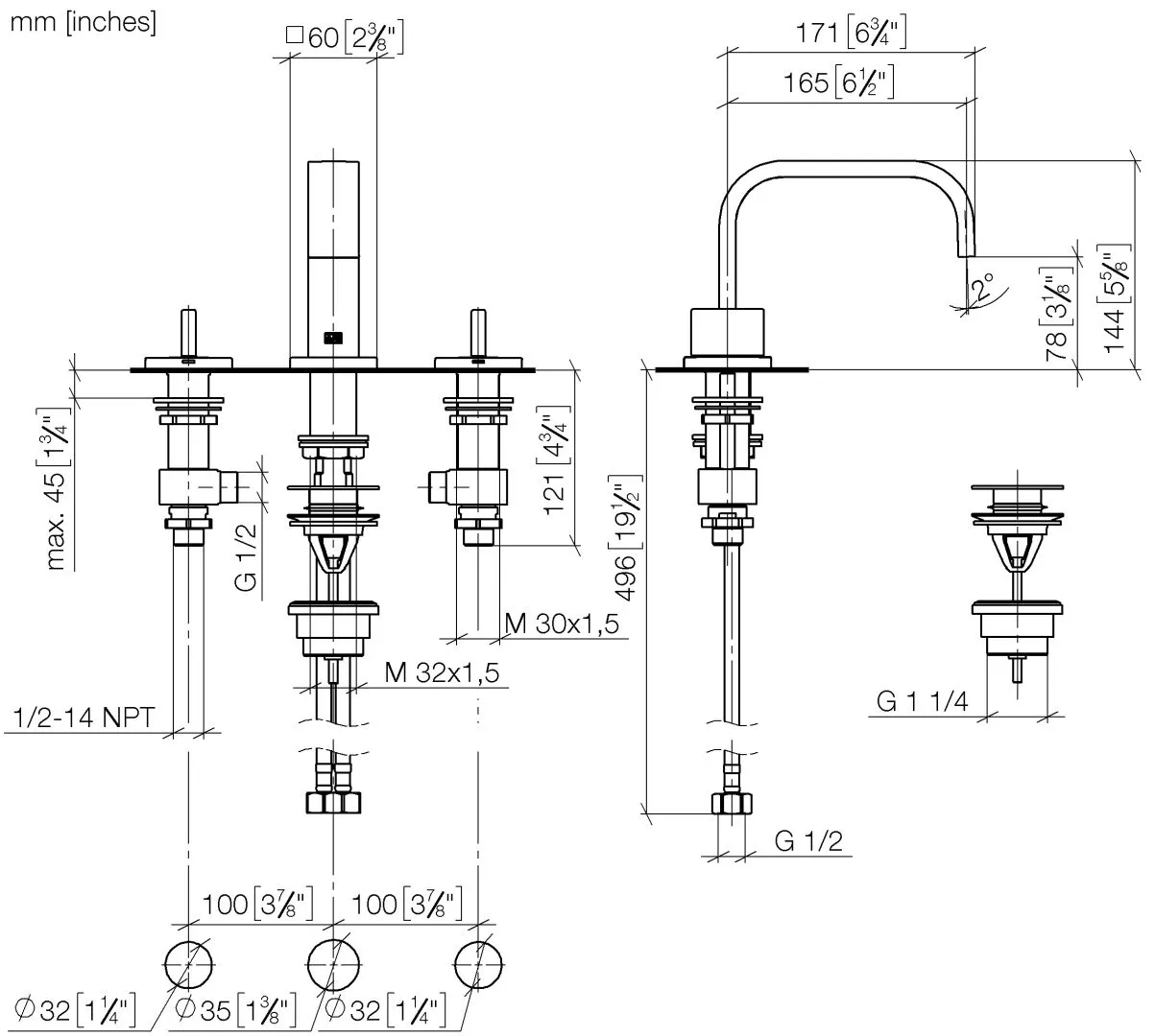 Waschtisch-Dreilochbatterie mit Ablaufgarnitur MEM Chrom 20705782 Waschtisch-Dreilochbatterie mit Ablaufgarnitur MEM Chrom 20705782
