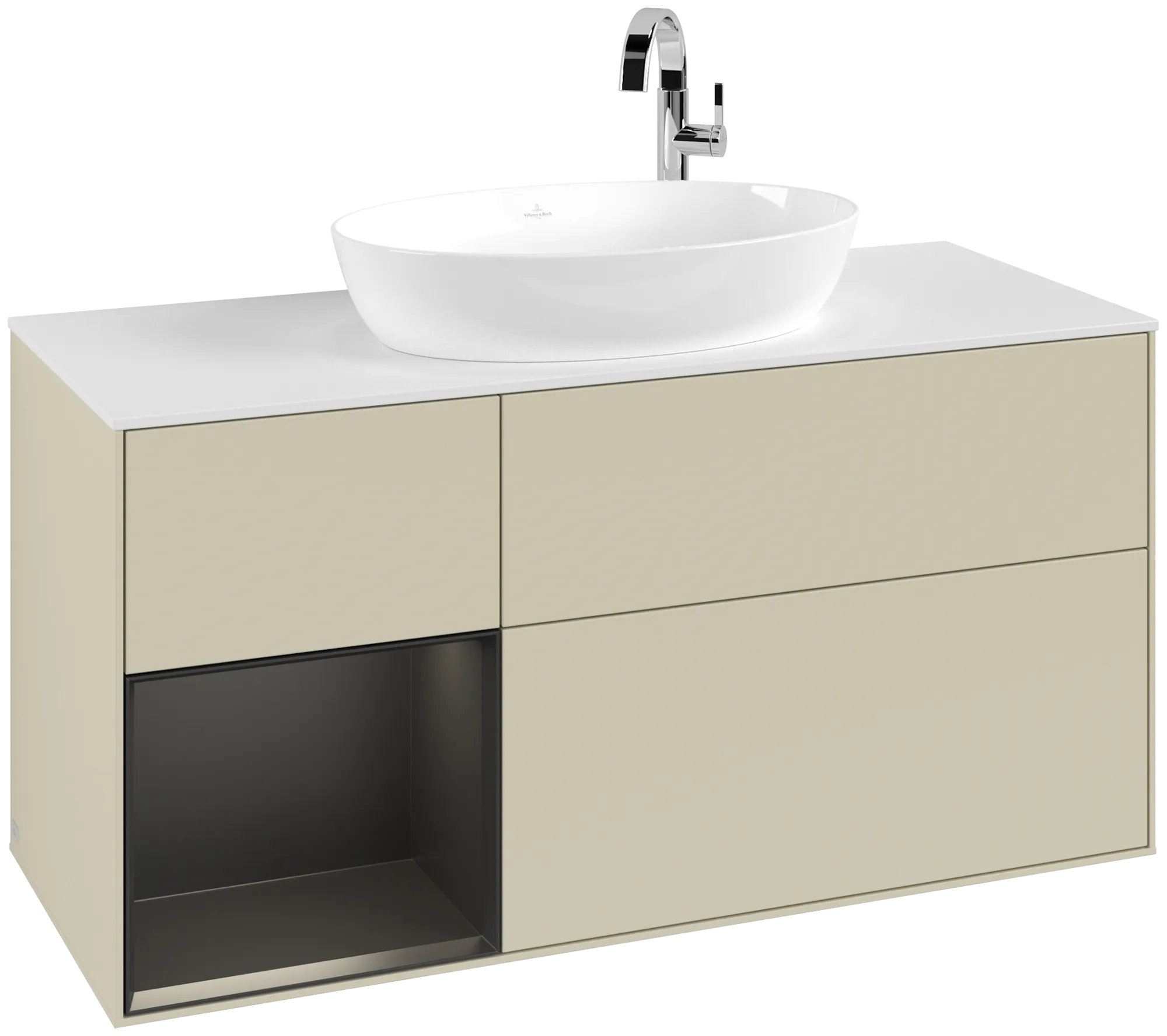 Villeroy & Boch Finion Waschbeckenunterschrank G94, 1200x603x501mm, Silk Grey Matt Lacquer / Black Matt Lacquer / Glass White Matt