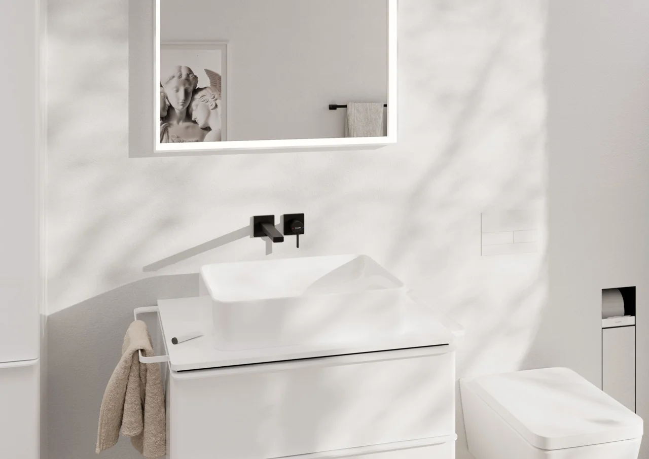 Hansgrohe Xelu Q Konsole, mittiger Ausschnitt für Aufsatzwaschtisch mit Hahnloch, Weiß Hochglanz, Maße: 780 x 540 mm, Materialstärke: 16 mm Hansgrohe Xelu Q Konsole, mittiger Ausschnitt für Aufsatzwaschtisch mit Hahnloch, Weiß Hochglanz, Maße: 780 x 540 mm, Materialstärke: 16 mm