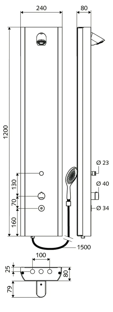 Duschpaneel LINUS Inox DP-C-T-D-H, Mischwasser, Thermostat, Elektronisch, Selbstschluss, 2 RFV, 2 Vorfilter, Handbrause, verstellbar, Anschlussschlauch, Duschkopf COMFORT Flex, 2x DN 15 G 1/2 AG, B 240 mm x H 1200 mm x T 80 mm, Edelstahl gebürstet