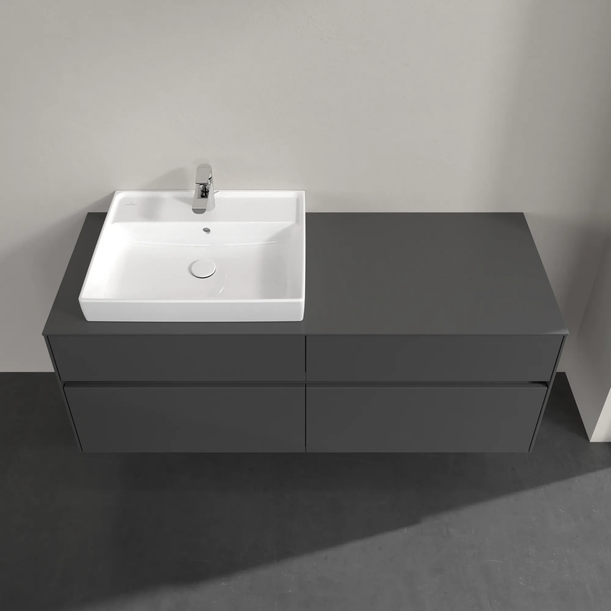 Villeroy & Boch Waschtischunterschrank „Collaro“ 1400 × 548 × 500 mm Glossy Grey, mit Beleuchtung, für Becken links