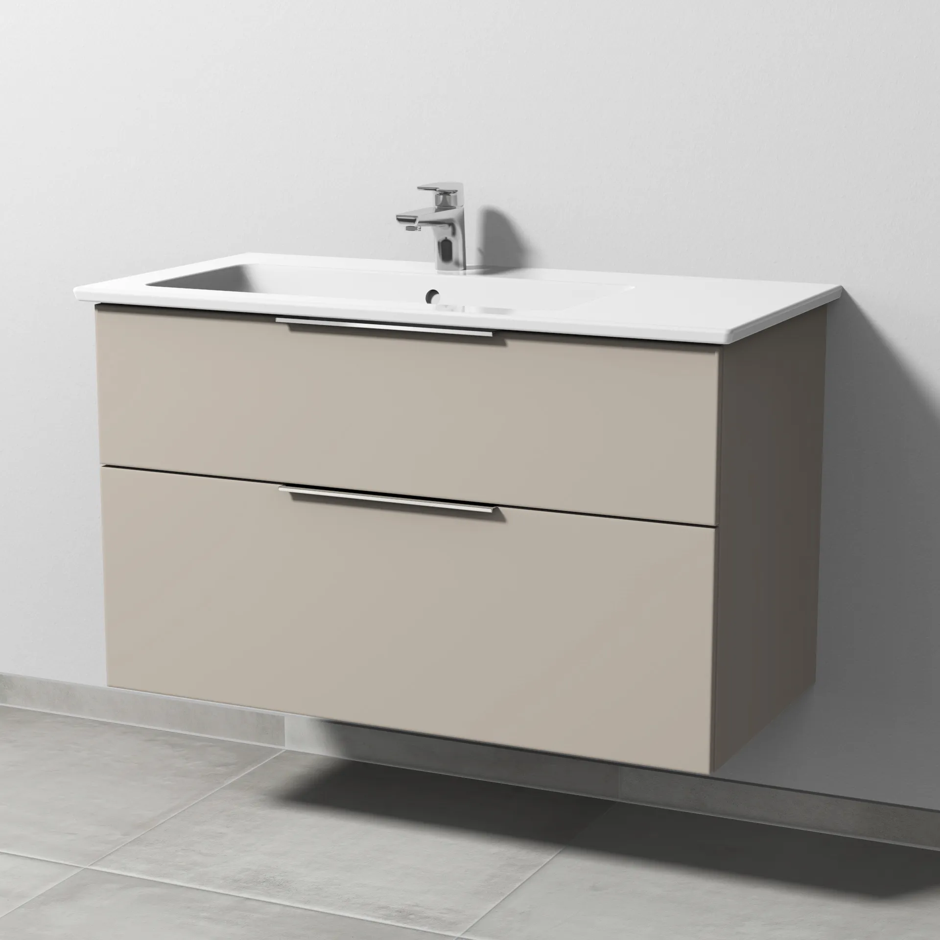 Keramik-Waschtisch-Set mit Waschtischunterschrank „3way“ 95,5 × 47,7 × 59,1 cm in Kaschmir (matt), mit Hahnlochbohrung, Becken links