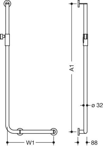 Winkelgriff mit Brausehalter, Sonderlängen, Edelstahl, schliff, waagerechte Länge auf Maß von 300 bis 850 mm, senkrechte Länge auf Maß von 600 bis 1250 mm, D: 32 mm, Ausführung rechts, mit magnetischem Brausehalter