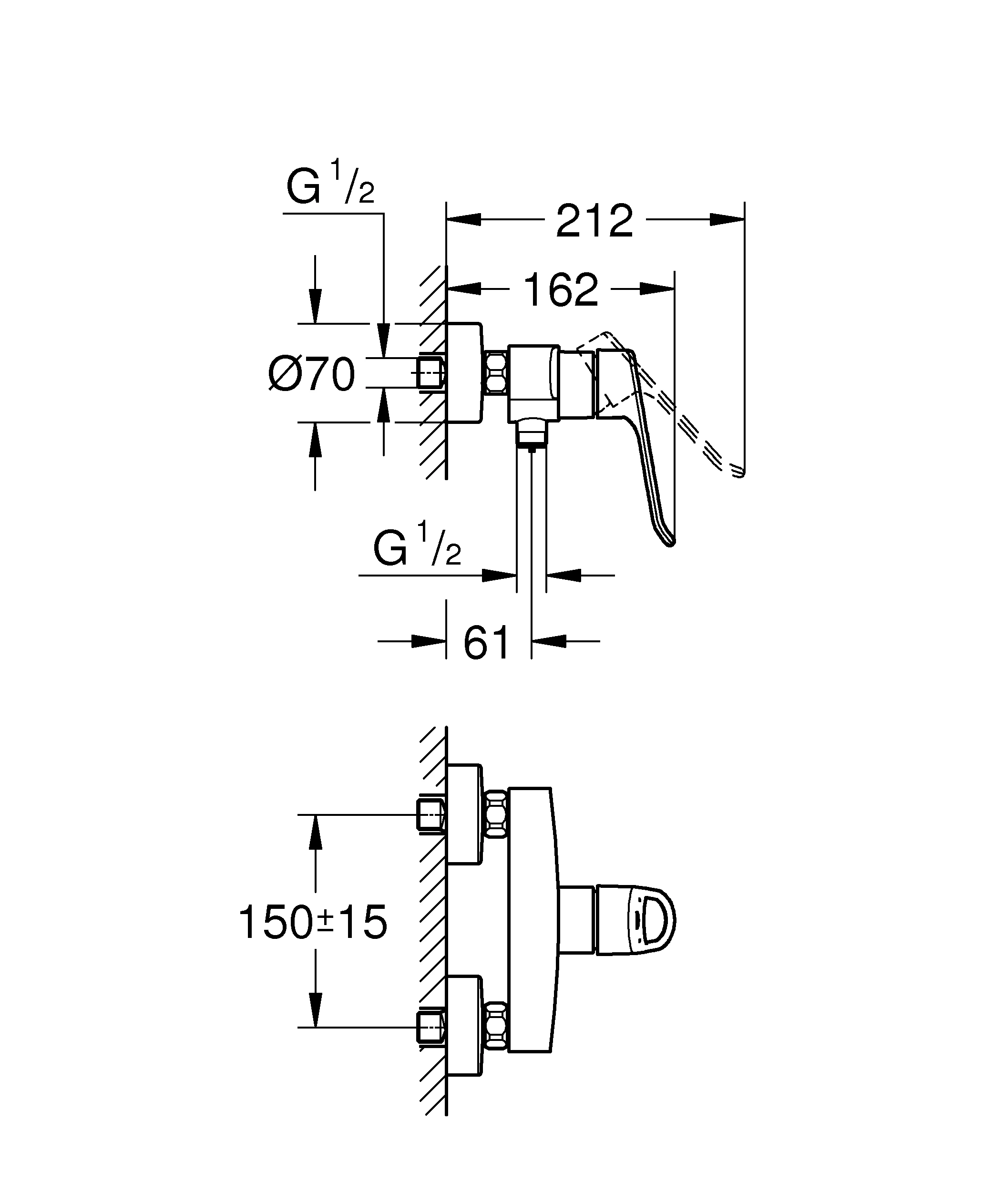 Einhand-Brausebatterie Eurosmart, 25242_3, Wandmontage, offener Metall-Hebelgriff, Temperaturbegrenzer, S-Anschlüsse, eigensicher, chrom