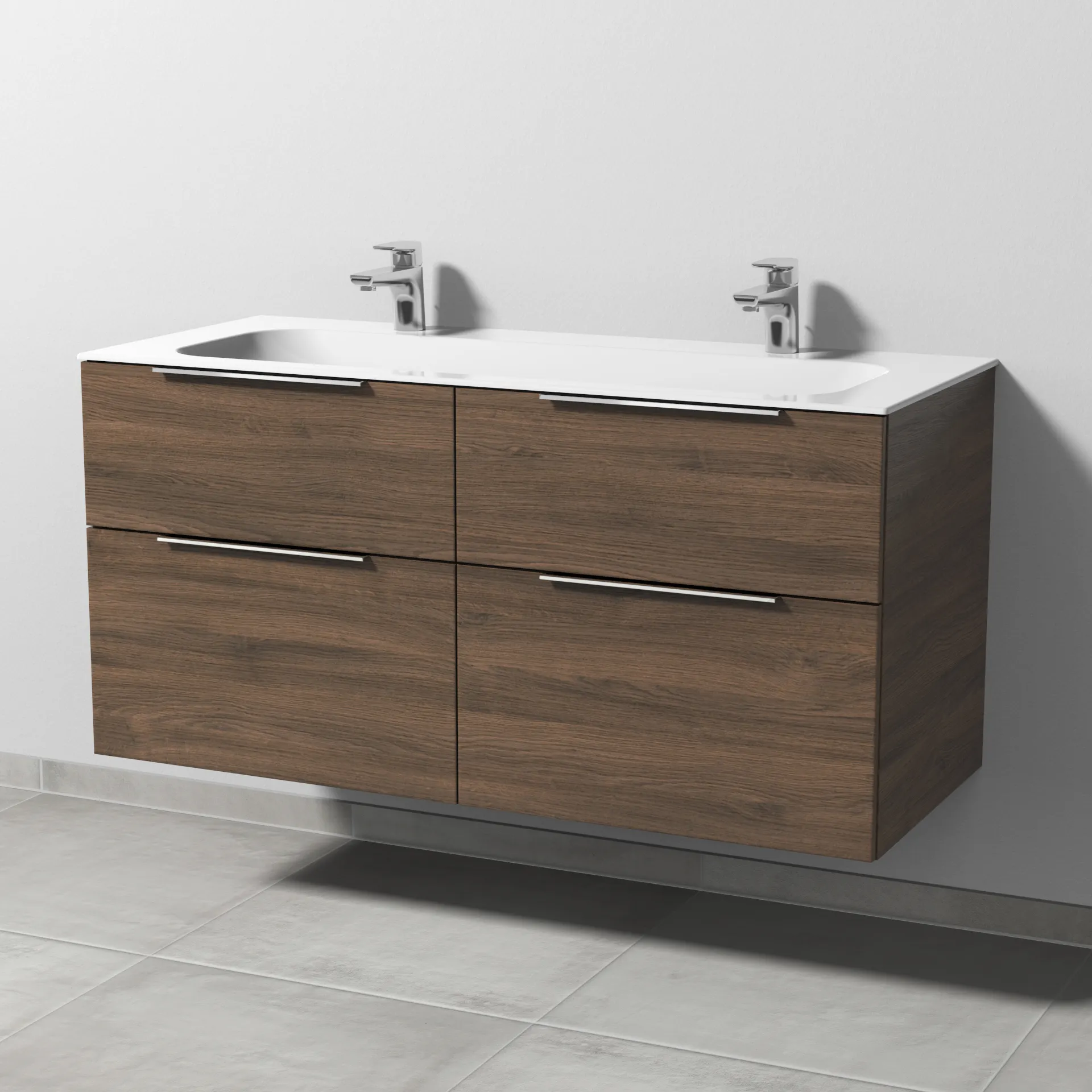 Keramik-Waschtisch-Set mit Waschtischunterschrank „3way“ 119 × 49,7 × 58,2 cm in Eiche Arizona, mit Hahnlochbohrung, Becken mittig Keramik-Waschtisch-Set mit Waschtischunterschrank „3way“ 119 × 49,7 × 58,2 cm in Eiche Arizona, mit Hahnlochbohrung, Becken mittig
