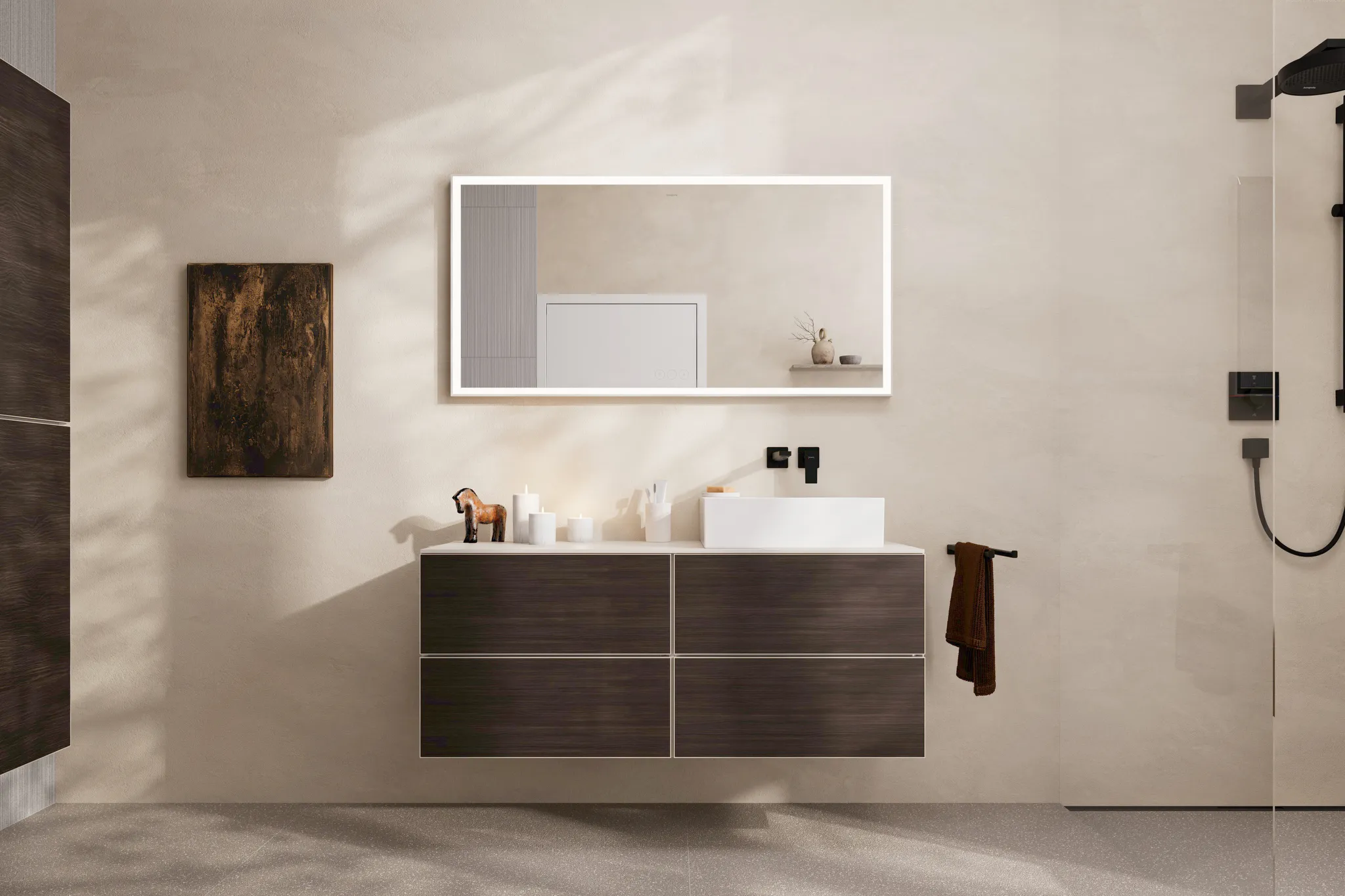 Xevolos E Waschtischunterschrank Sandbeige Matt 1370/550 mit 4 Schubkästen für Konsolen mit Aufsatzwaschtisch geschliffen rechts Bronze Struktur Xevolos E Waschtischunterschrank Sandbeige Matt 1370/550 mit 4 Schubkästen für Konsolen mit Aufsatzwaschtisch geschliffen rechts Bronze Struktur