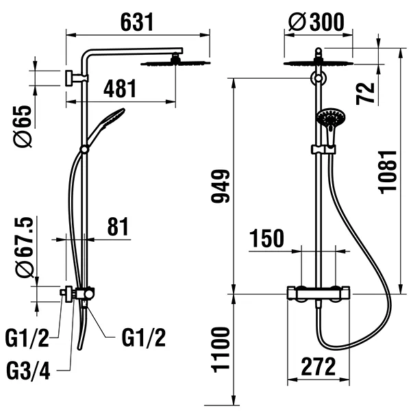Thermostatisches Duschsystem Vivid mit Ablage Brausenhalter Kopfbrause ø 300 mm Kunststoffschlauch 1600 mm Handbrause PVD Titanschwarz matt