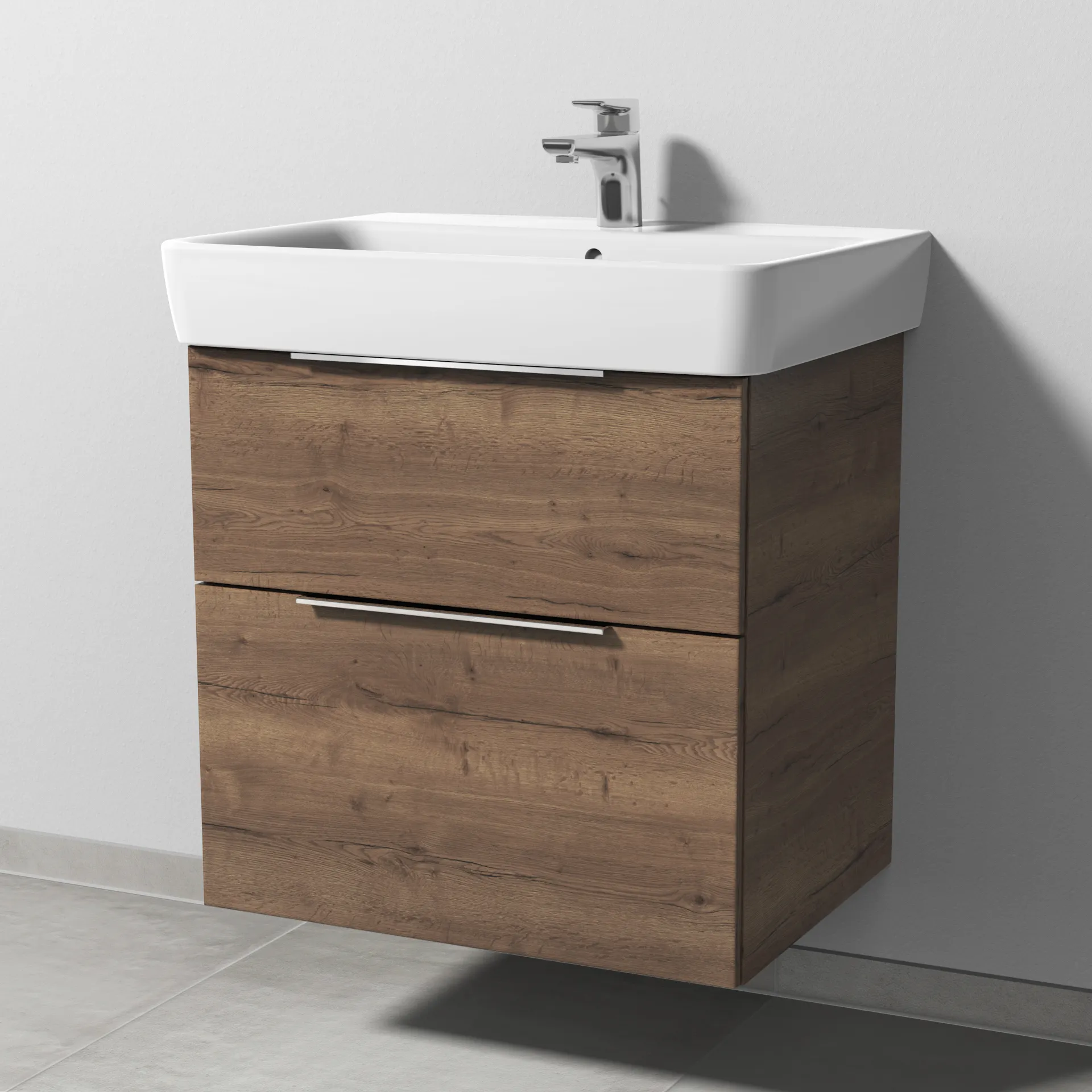 Sanipa Waschtischunterschrank „3way“ passend zu Keramik-Waschtische Renova Plan von Geberit 590 × 588 × 407 mm in Eiche Tabak, Becken mittig