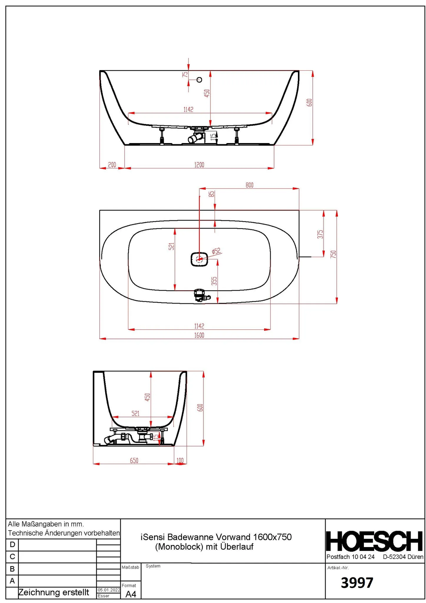 Hoesch iSensi Vorwand 1600x750 Monolith mit Überlauf Weiß-Schwarz