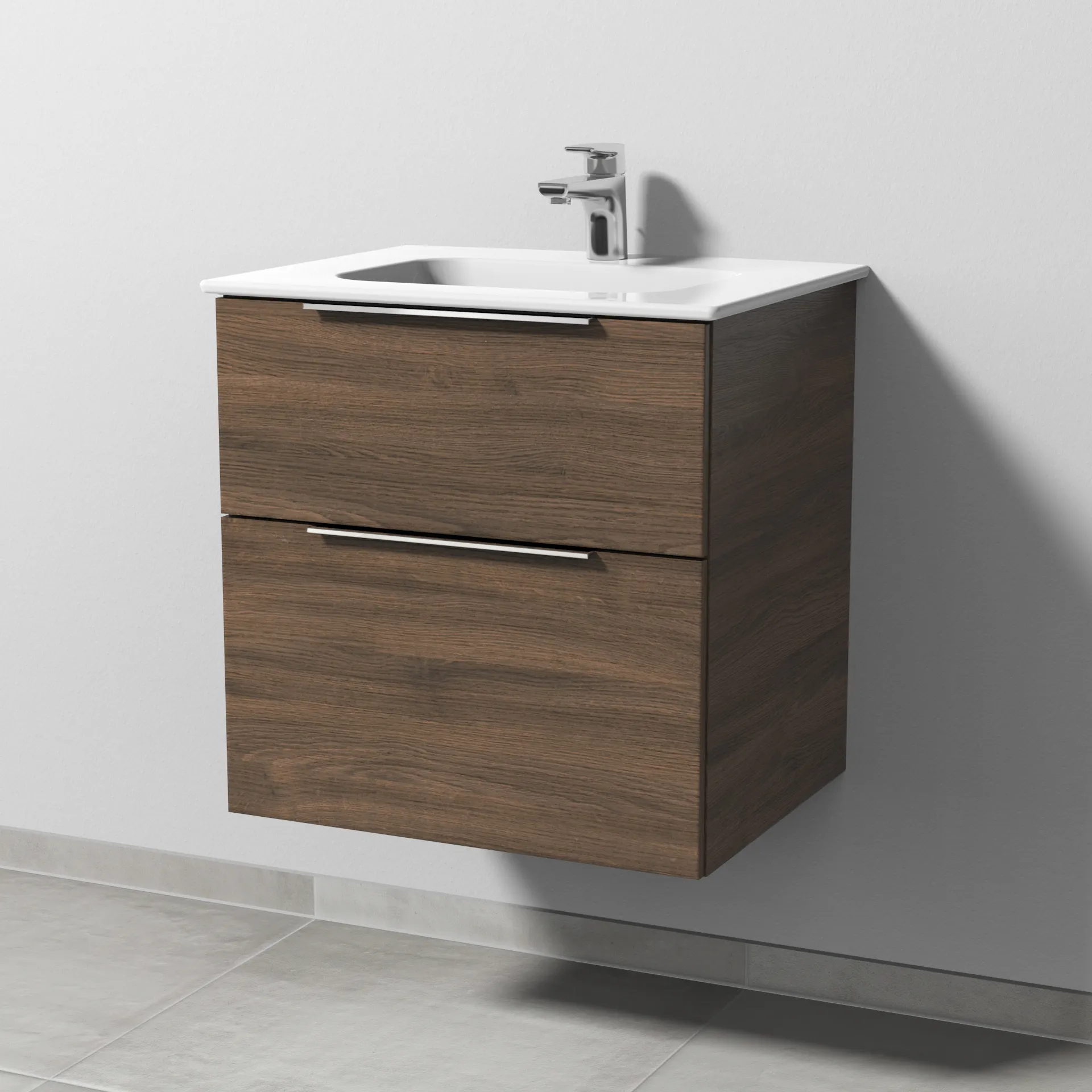 Keramik-Waschtisch-Set mit Waschtischunterschrank „3way“ 57 × 46 × 58,2 cm in Eiche Arizona, mit Hahnlochbohrung, Becken mittig Keramik-Waschtisch-Set mit Waschtischunterschrank „3way“ 57 × 46 × 58,2 cm in Eiche Arizona, mit Hahnlochbohrung, Becken mittig