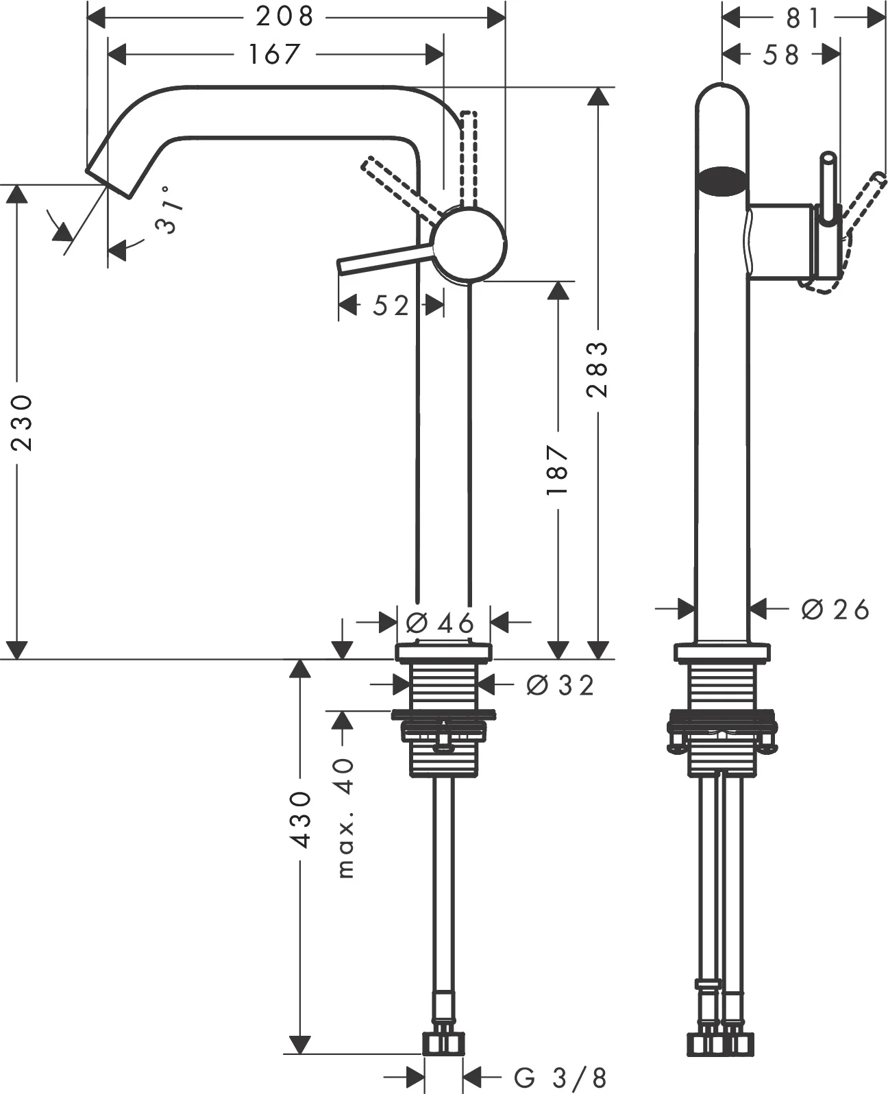 Hansgrohe Tecturis S Einhebel-Waschtischmischer 240 Fine CoolStart EcoSmart+ Chrom, Ausladung 167 mm, Auslaufhöhe 230 mm