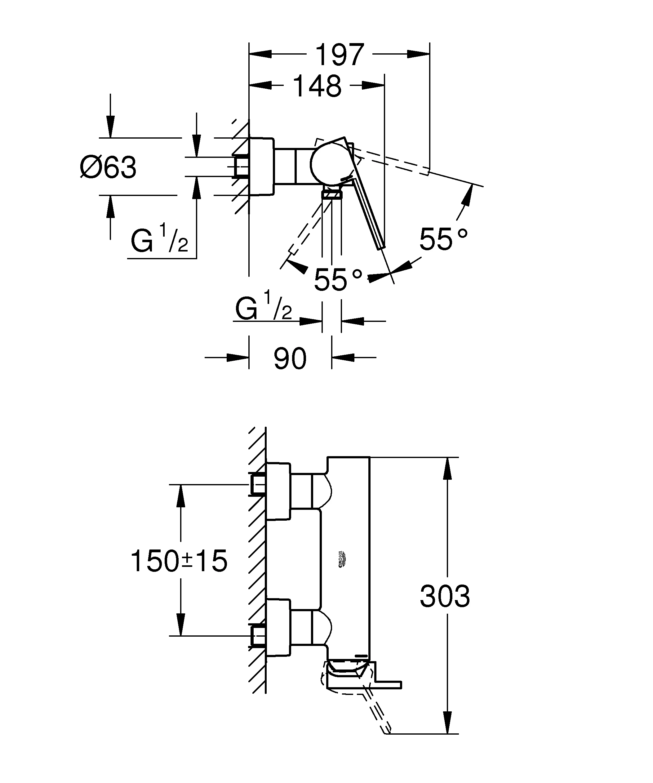 Einhand-Brausebatterie Plus 33577_3, Wandmontage, chrom