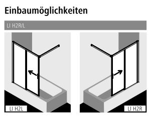 Kermi Duschtür Gleittür 2-teilig mit Festfeld links Badewannenaufsatz „LIGA“ 150 cm Profile Silber Mattglanz