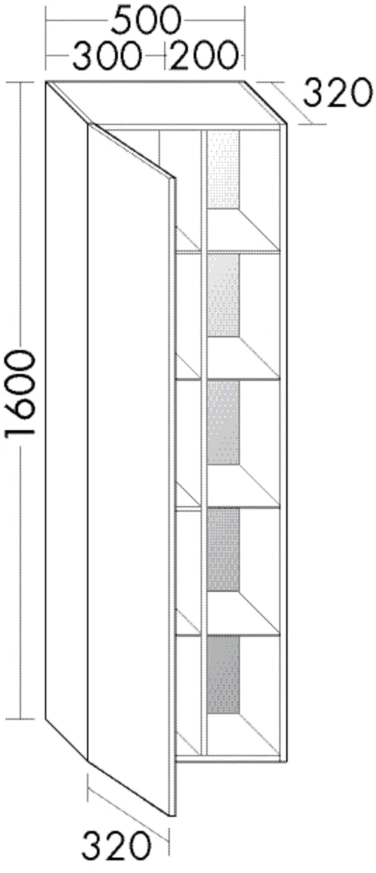 Hochschrank, 1 Tür, wird durch Überstand geöffnet;4 Glaseinlegeböden;1 Regal mit 4 Einlegeböden;1 Mittelseite;1 Tür, zweiteilig und mittig verbunden;4 Glaseinlegeböden;1 Regal mit 4 Einlegeböden;1 Mittelseite, Tiefe: 320 mm, Breite: 500 mm, Höhe: 1600 mm